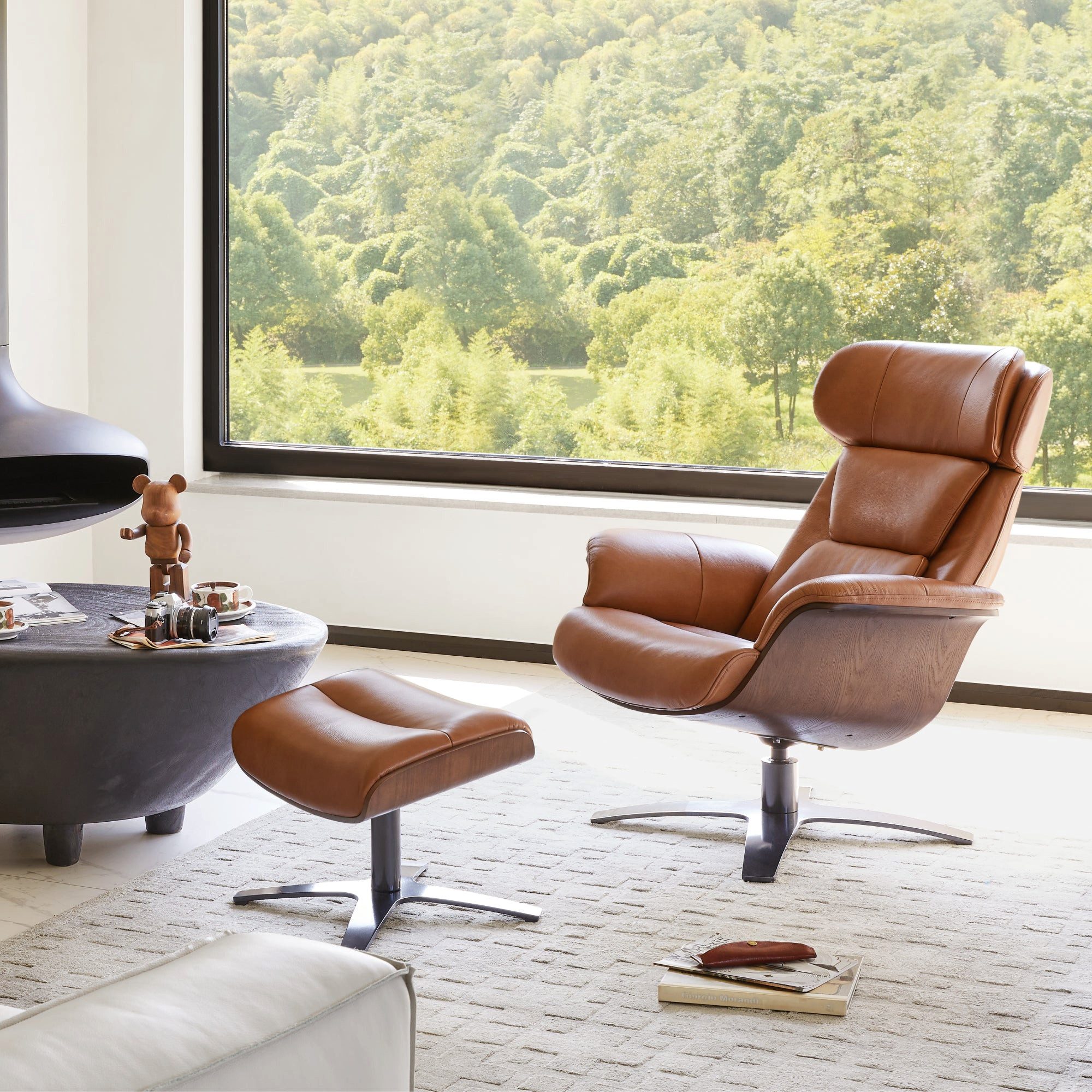 CHITA Relaxsessel (1 St), Einzelsessel, Relaxsessel mit Fußhocker, Echtleder, 360° drehbar
