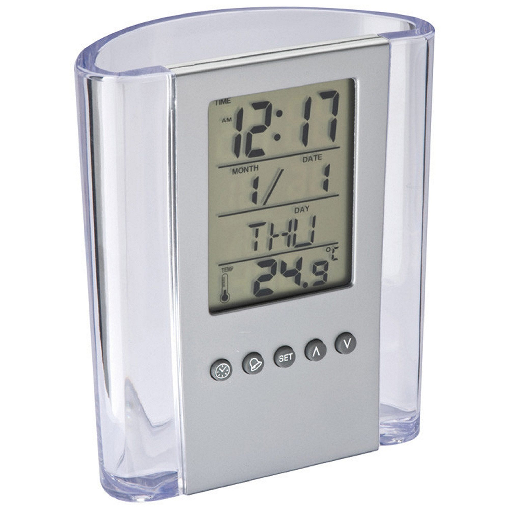 Macma Organizer Acrylschreibtischköcher mit Uhr, Alarmfunktion,Datum,Wochentag,Tempera