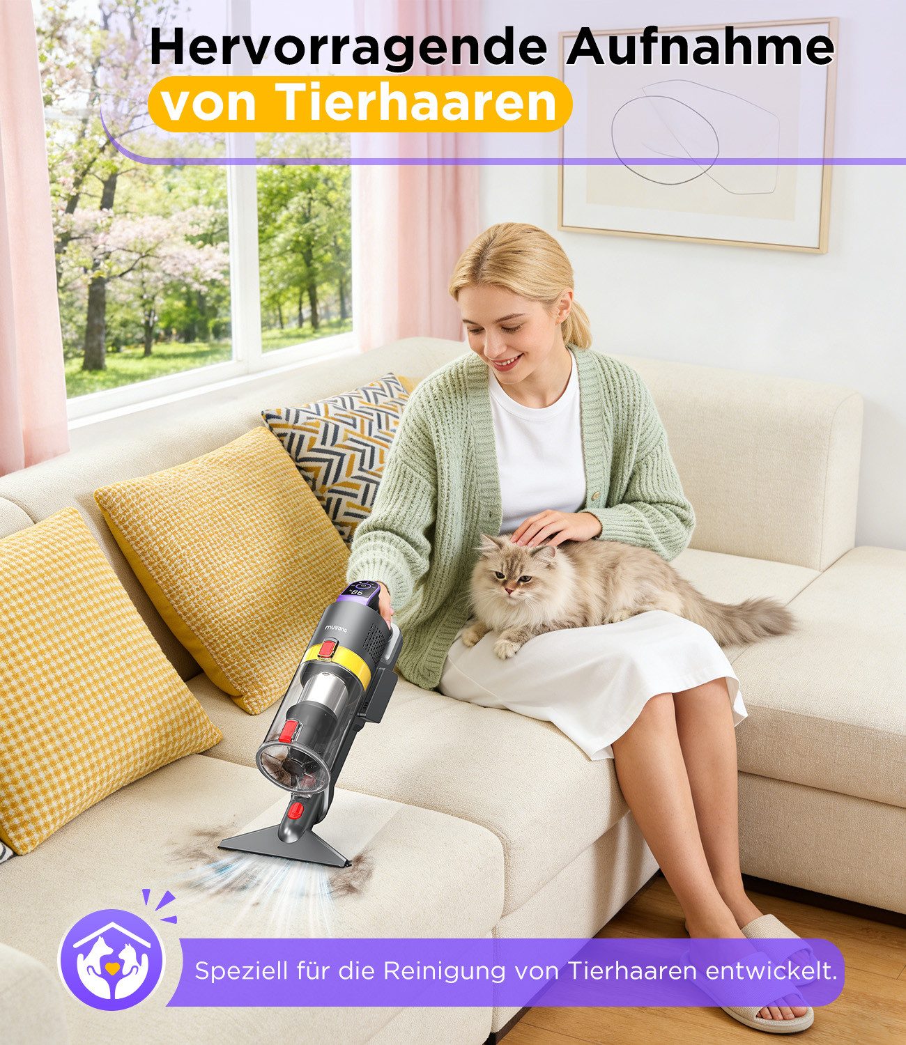 muvano Akku-Hand-und Stielstaubsauger 60Min, 45000Pa Akku Staubsauger Kabellos, Anti-Tangle-Bürste, mit Beutel, Selbststehend, Wandladestation,für Tierhaare/Teppiche/Hartböden/Auto