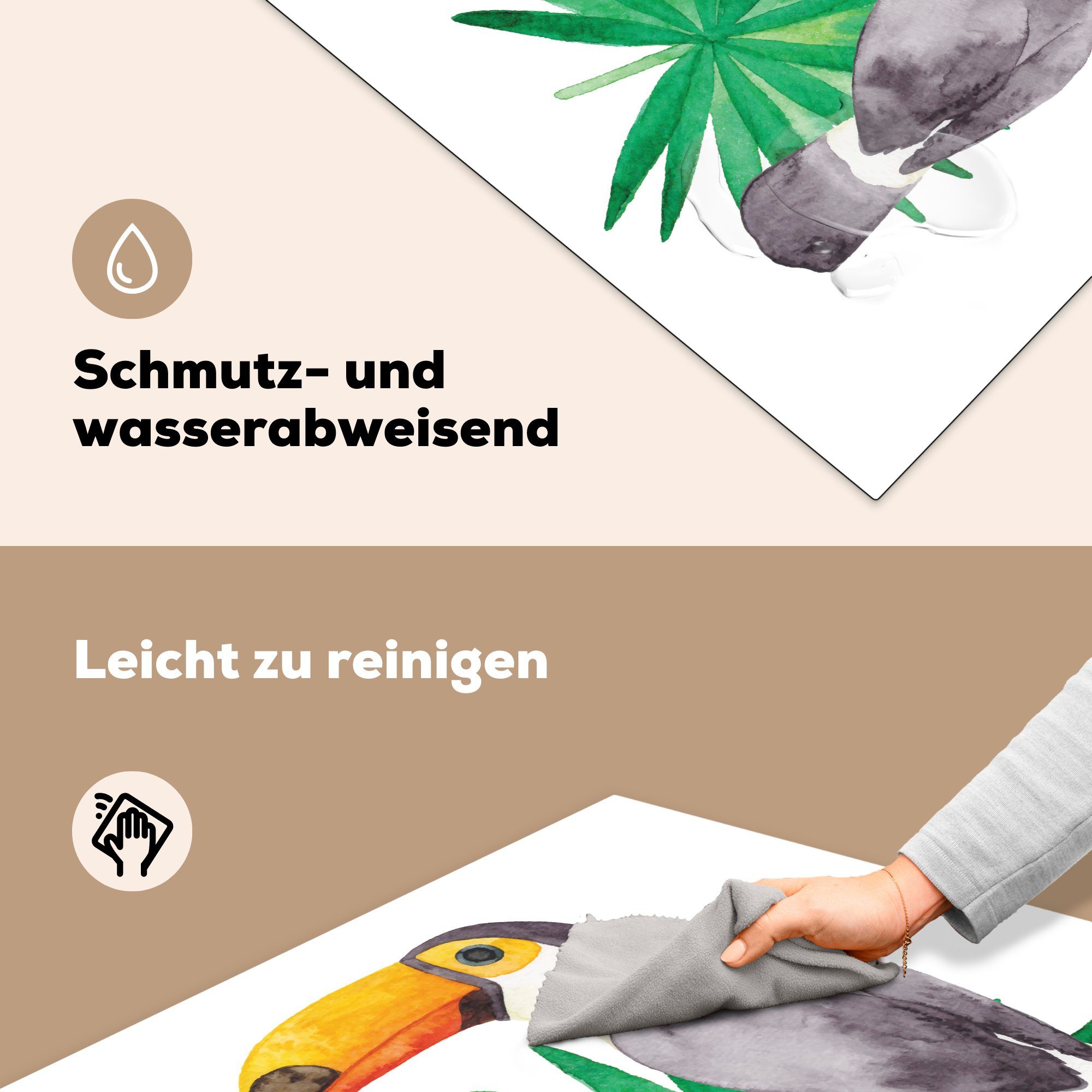 Ceranfeldabdeckung, Illustration cm, (1 eines Arbeitsplatte einem 78x78 Blatt, Vinyl, Herdblende-/Abdeckplatte dunkelgrünen Tukans küche auf Eine für tlg), MuchoWow