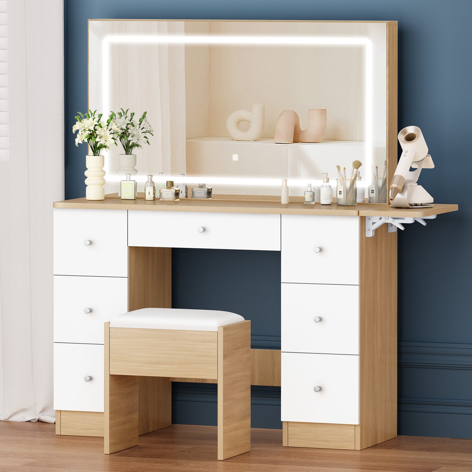 ALFORDSON Schminktisch mit LED-Spiegel, 7 Schubladen und Steckdosen, Schminktisch-Hocker-Set (1-St., Schminktisch-Set mit Stauraumhocker und klappbarer Tischplatte), 3 Farbmodus-Lichter und 10-stufige Dimmbarkeit