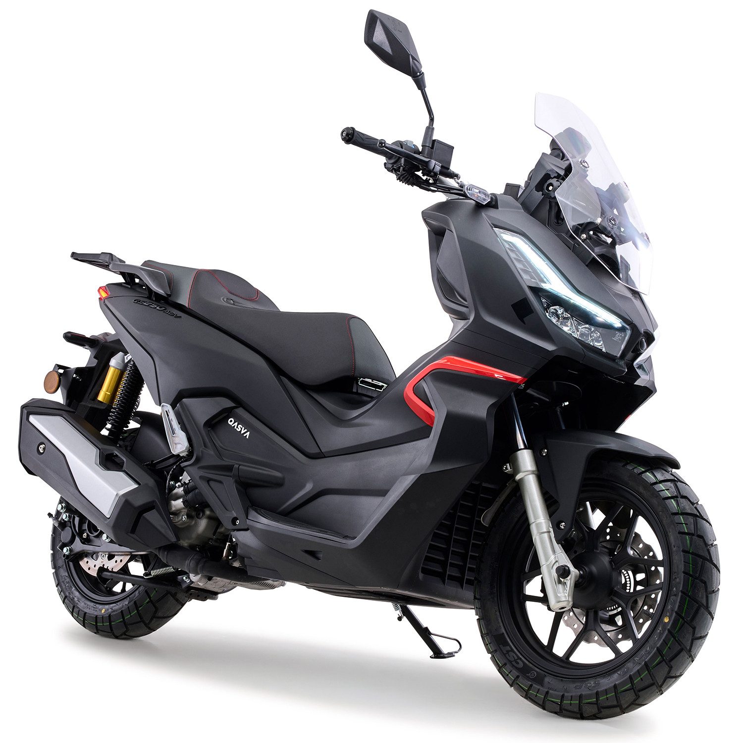 Burnout Motorroller QS250 ADV Mattschwarz, 250 ccm, 115 km/h, Euro 5+, LED Beleuchtung, Digitales 7 Zoll TFT Tacho, Windschild verstellbar