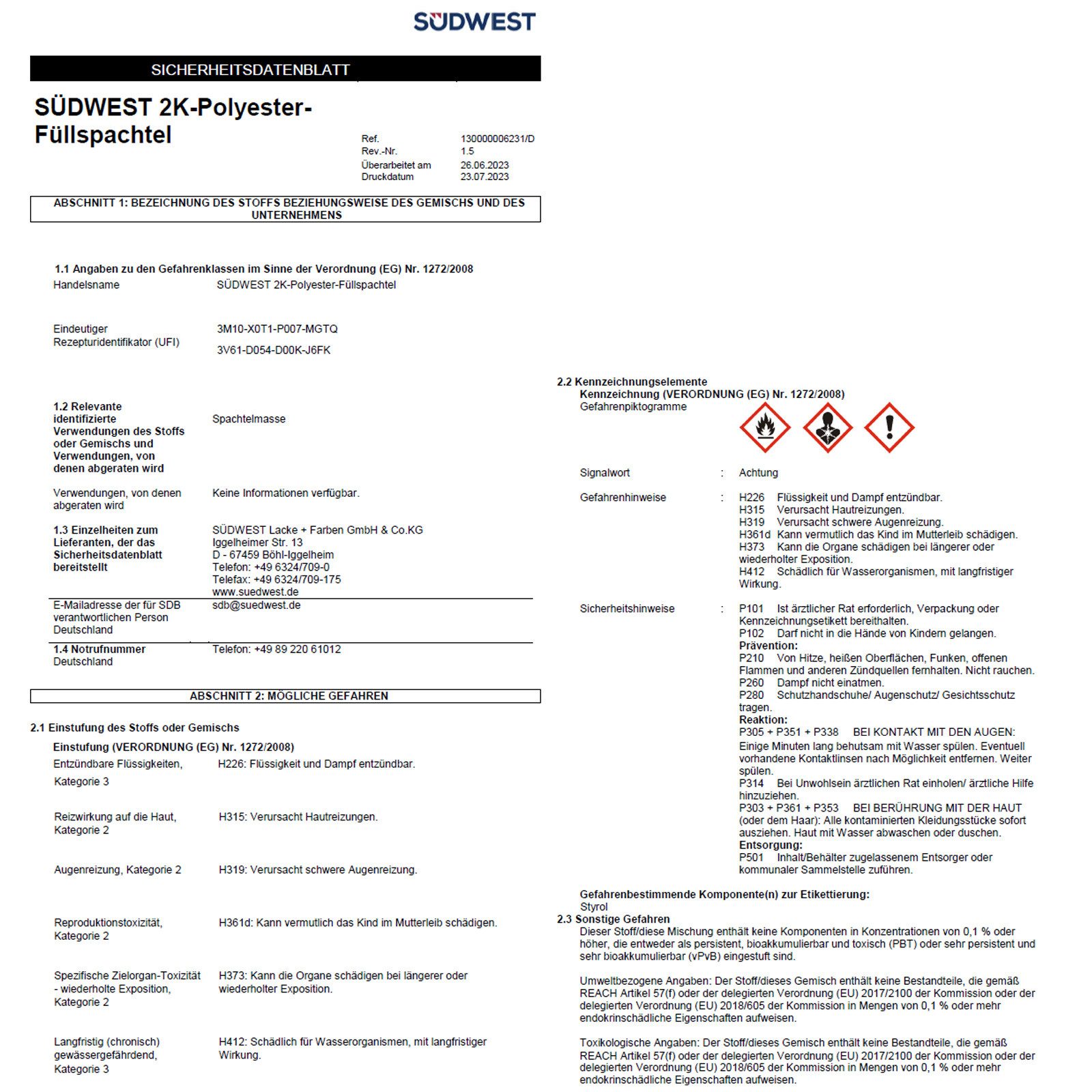 SÜDWEST Lacke + Farben Spachtelmasse 2K-POLYESTER-FÜLLSPACHTEL