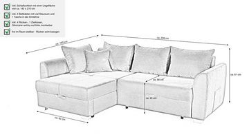 Massivart® Ecksofa BOOMER Cord grau / 236 cm, Cordsofa, Bettfunktion, Bettkasten, Seitentasche