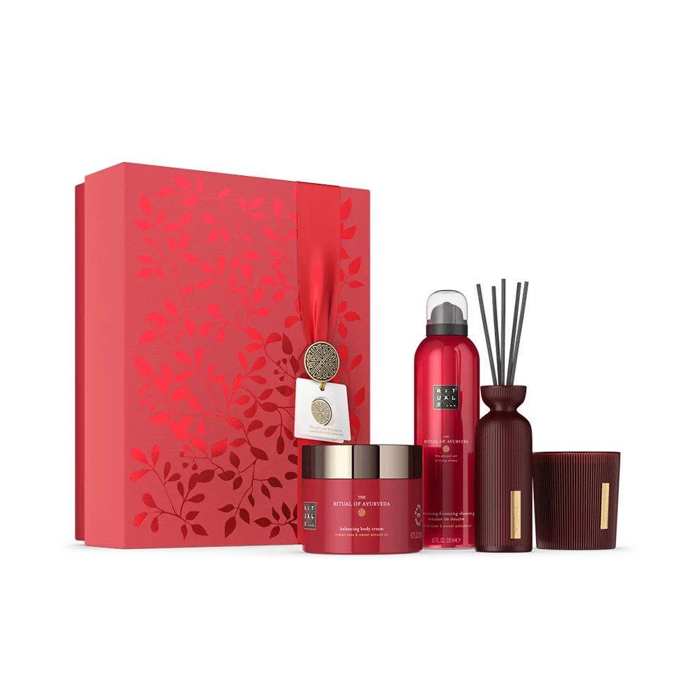 Rituals Pflege-Geschenkset Luxus-Pflegeset Limited Edition Ayurveda Geschenkset L 2025, 4-tlg., 4-teiliges Pflegeset mit Creme, Duschschaum, Kerze & Duftstäbchen