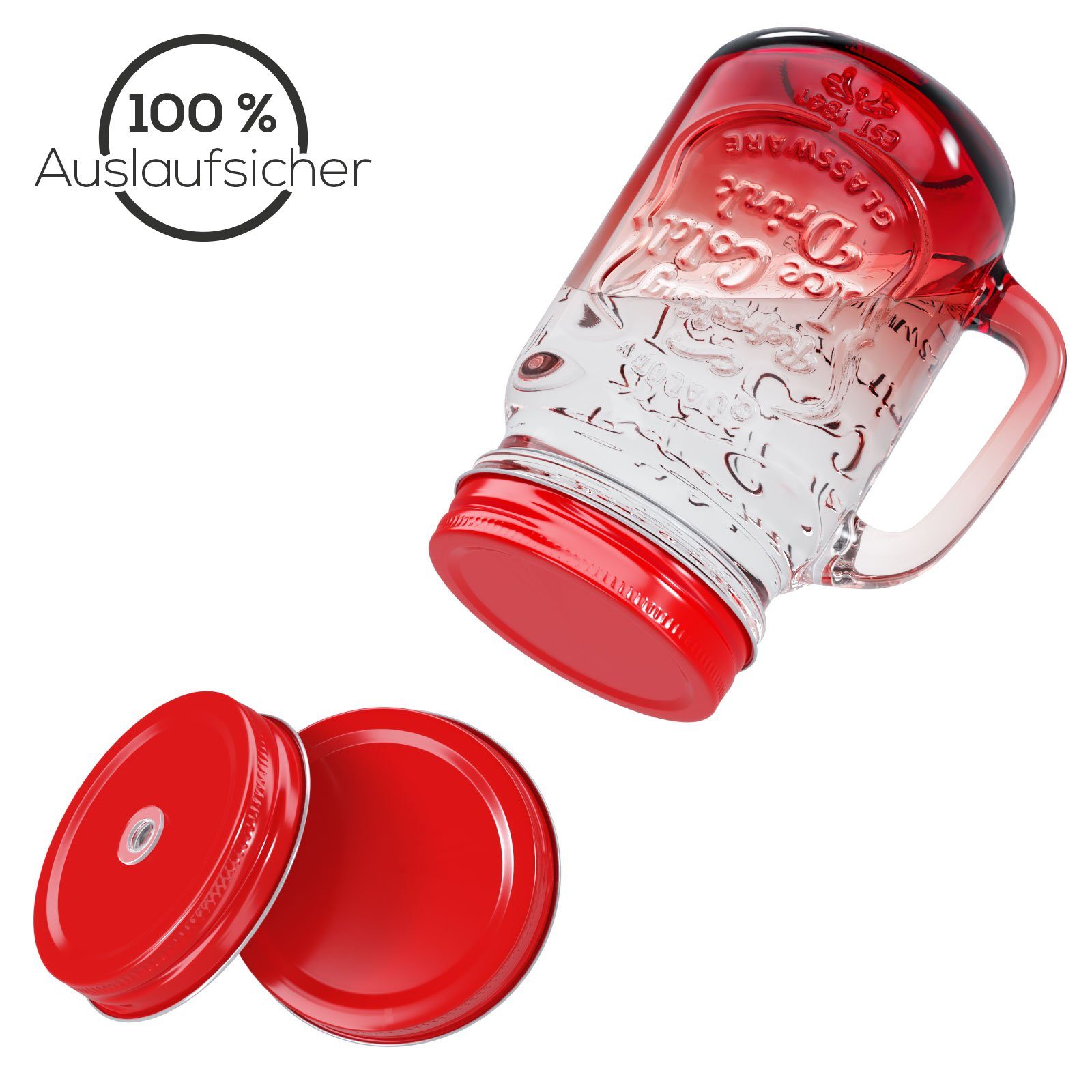 Wellgro Glas Trinkgläser Farbverlauf - Deckel Ersatzdeckeln und 500ml + Trinkhalm