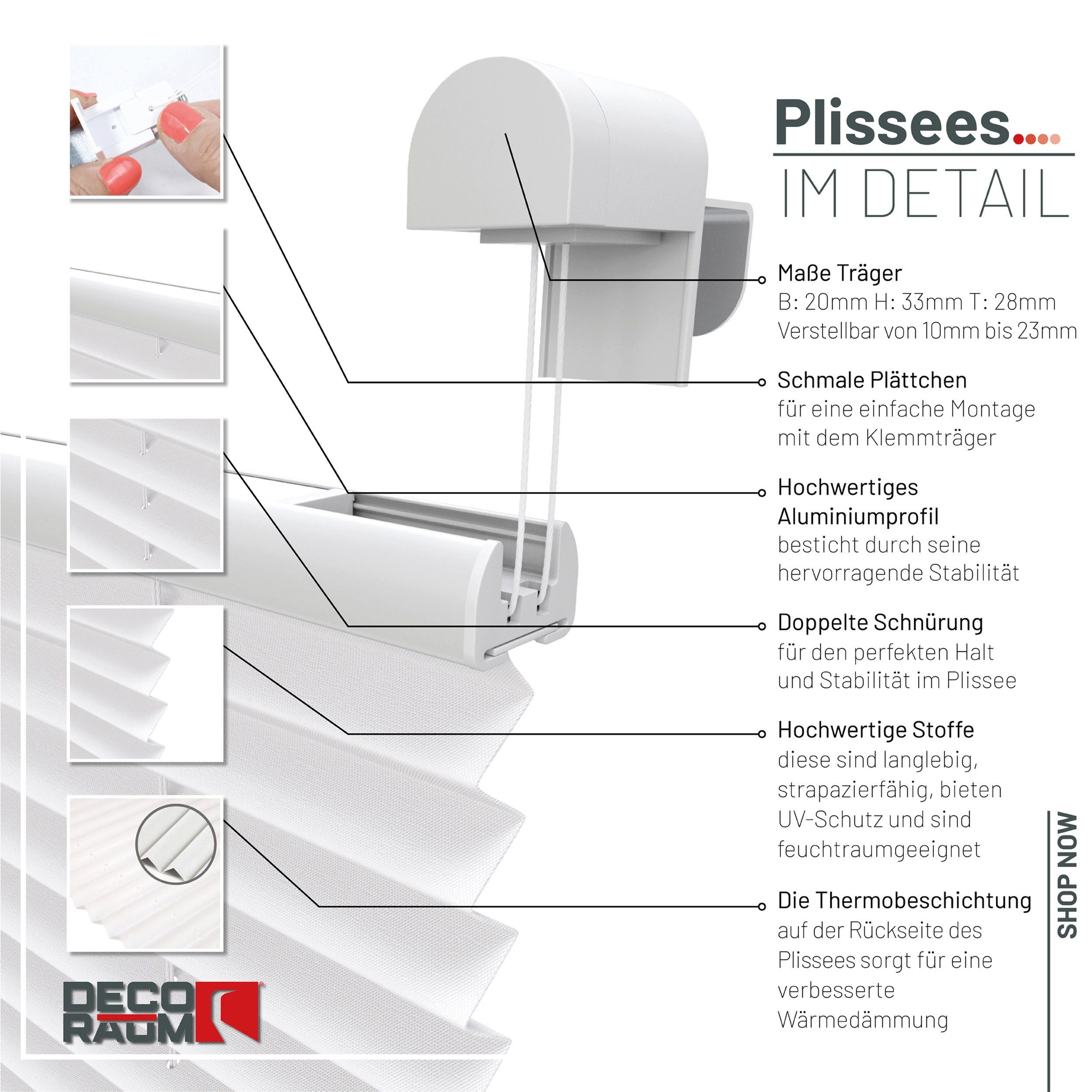 Deco-Raum Plissee Thermo Basic, abdunkelnd, Klemmträger, auf dem Fenster-/Türrahmen, Klemmfix, einfache Montage, in verschiedenen Farben und Größen ohne Bohren
