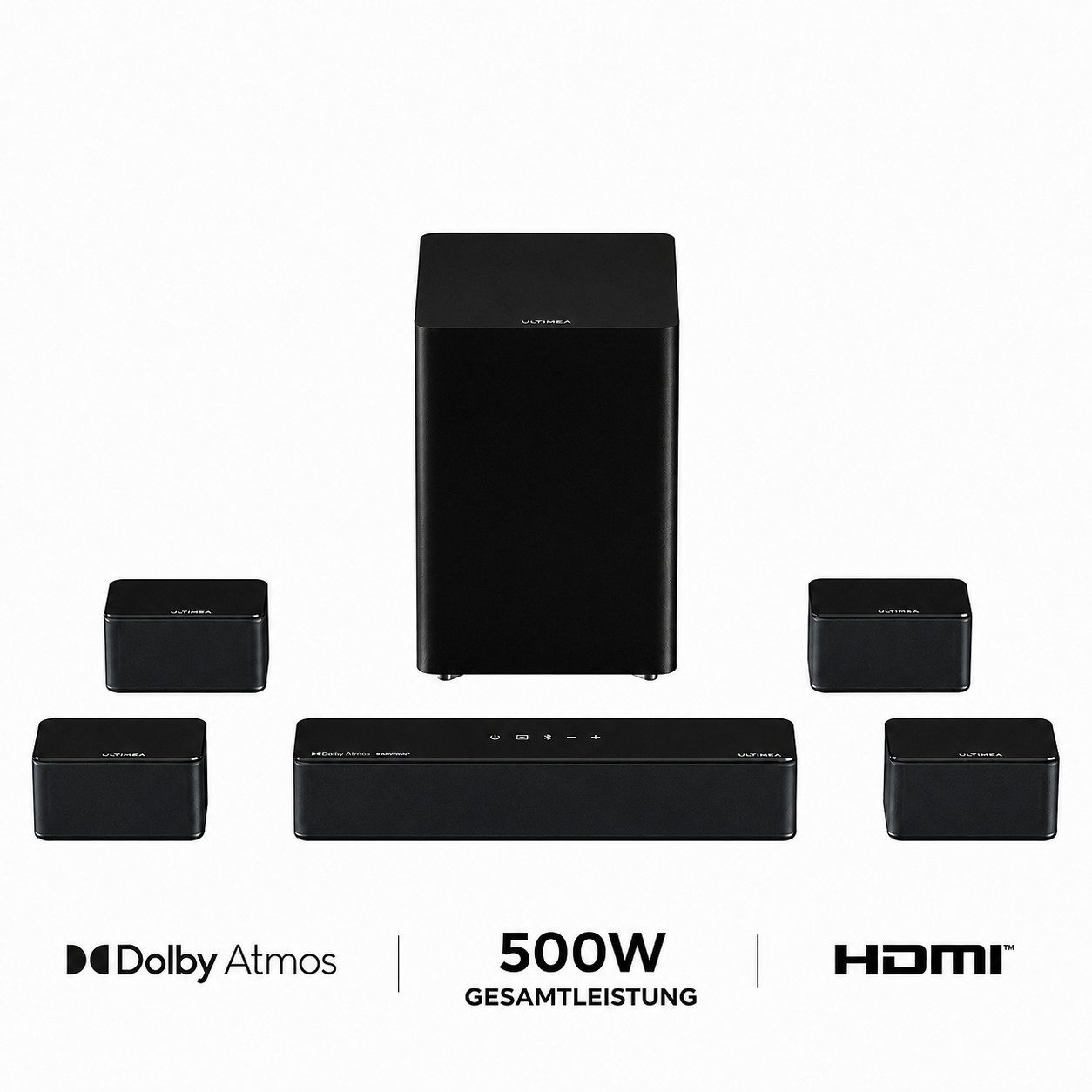 Ultimea Poseidon D80 Boom Soundbar 7.1 Surround Sound System (4 kabelgebundene Surround-Lautsprecher) (Bluetooth, HDMI, 500 W, 6.5'' Wireless Subwoofer, Dolby Atmos für TV)