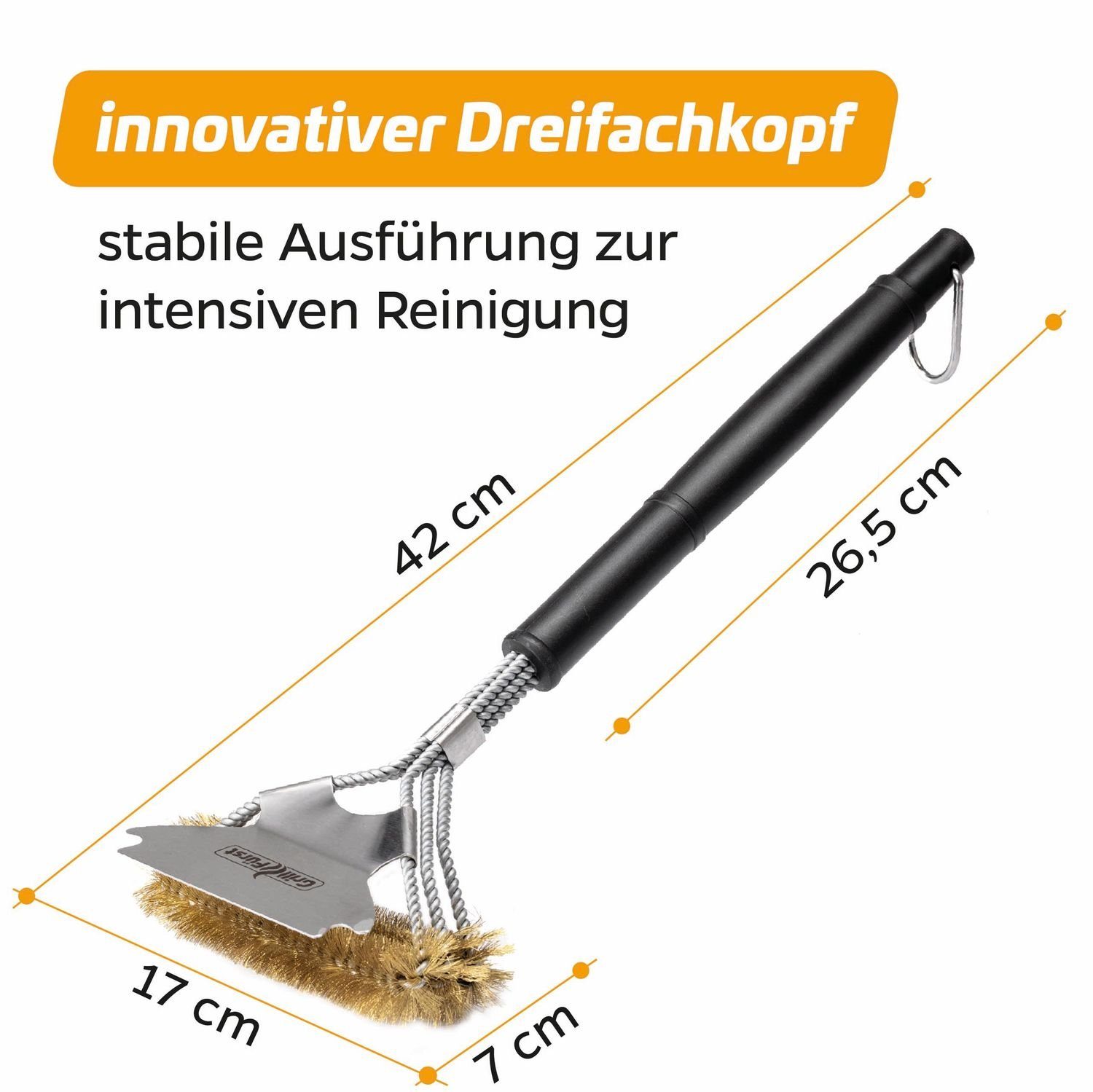 Grillfürst Grillbürste Grillfürst Grillbürste Messing für Gusseisen Roste, mit breitem 3-fach Bürstenkopf und Schaber