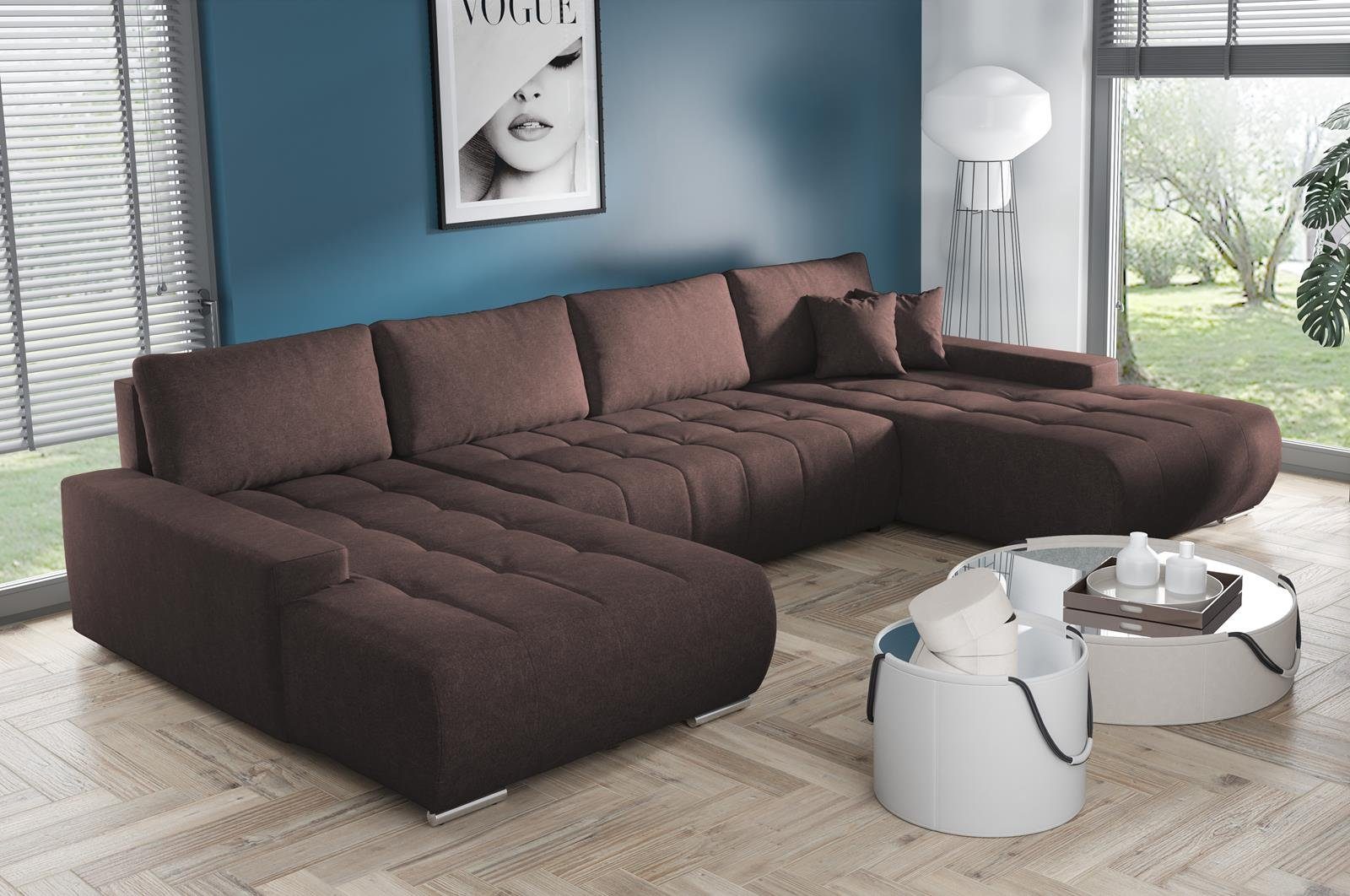 Schlaffunktion Ecksofa Ecksofa DRACO Bettkasten Braun Beautysofa Wellenfedern U U-förmig 04) (aston