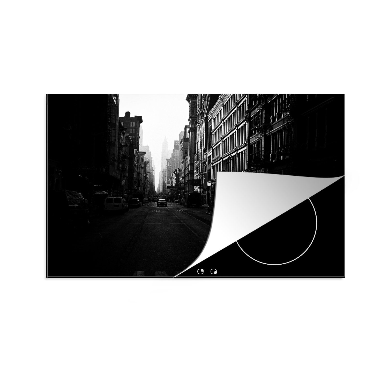 cm, Vinyl, schwarz-weiß, Ceranfeldabdeckung Schutz in (1 York Induktionskochfeld New Straße Herdblende-/Abdeckplatte tlg), küche, durch Autofahrt eine die in 81x52 MuchoWow ruhige für