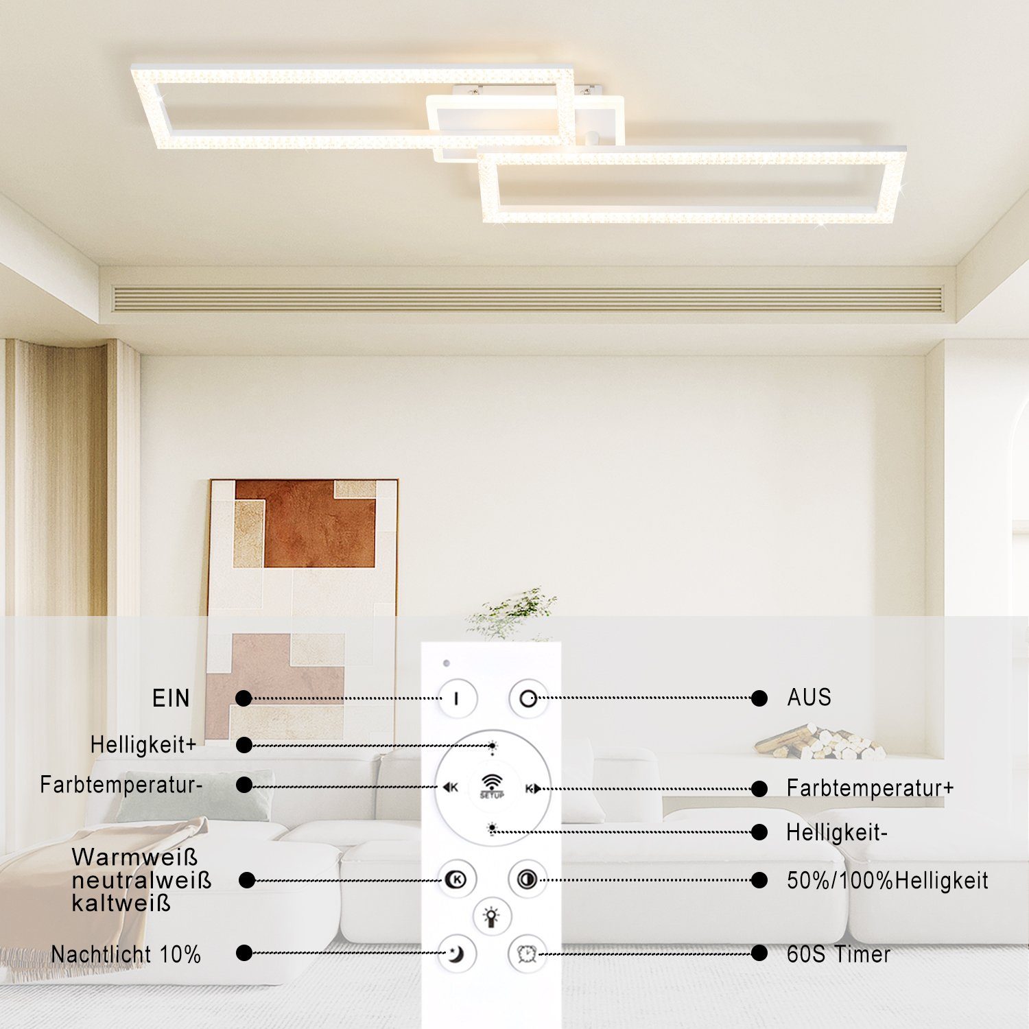LED Wohnzimmer Nettlife Fernbedienung, Kaltweiß, Kristall Metall Quadratisch, fest Weiß Deckenlampe Neutralweiß, Deckenleuchte Dimmbar für 80CM LED Schlafzimmer 56W Küche Warmweiß, mit integriert,
