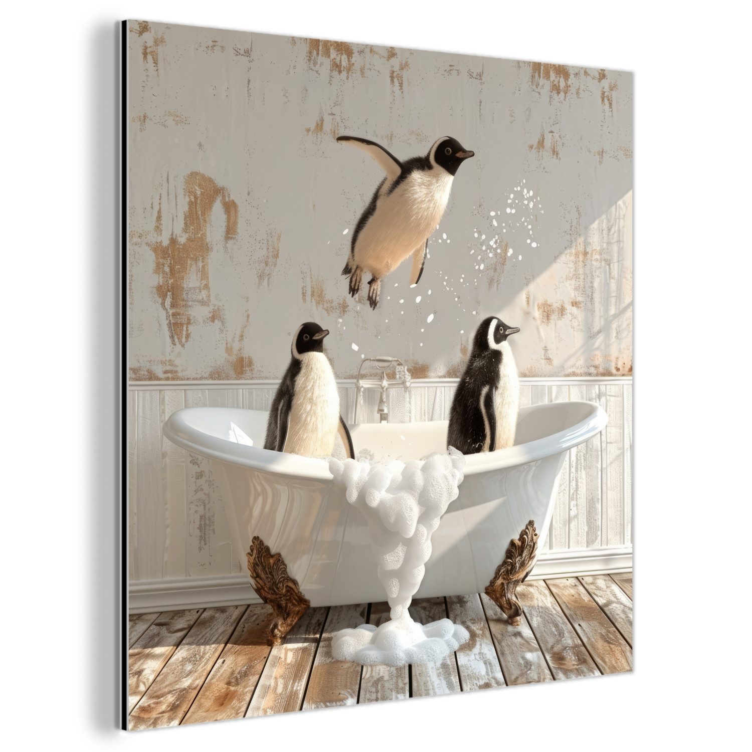 MuchoWow Metallbild Vintage - Pinguin - Badewanne - Schaumstoff, Inkl. Aufhängung, Metallbilder Badezimmer, Toilette Bilder aus Metall, 20x20 cm