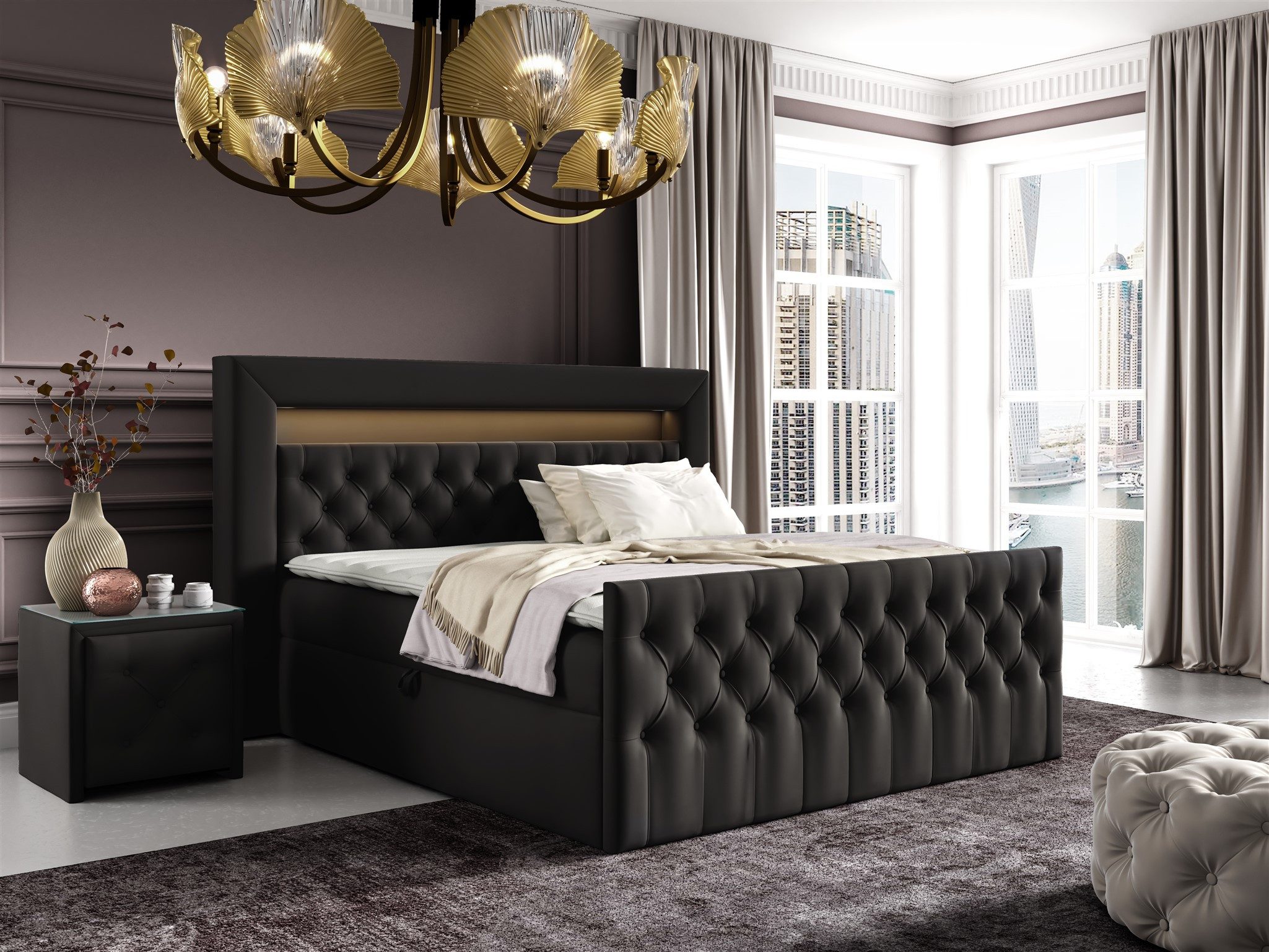 Fun Möbel Boxbett Schlafzimmerbett ERNESTO Nr.2 in Stoff Elisa Velvet (inkl. Topper, Auch mit Polsterhocker erhältlich), 2 x Nachttisch mit Glasplatte, LED-Beleuchtung mit Fernbedienung