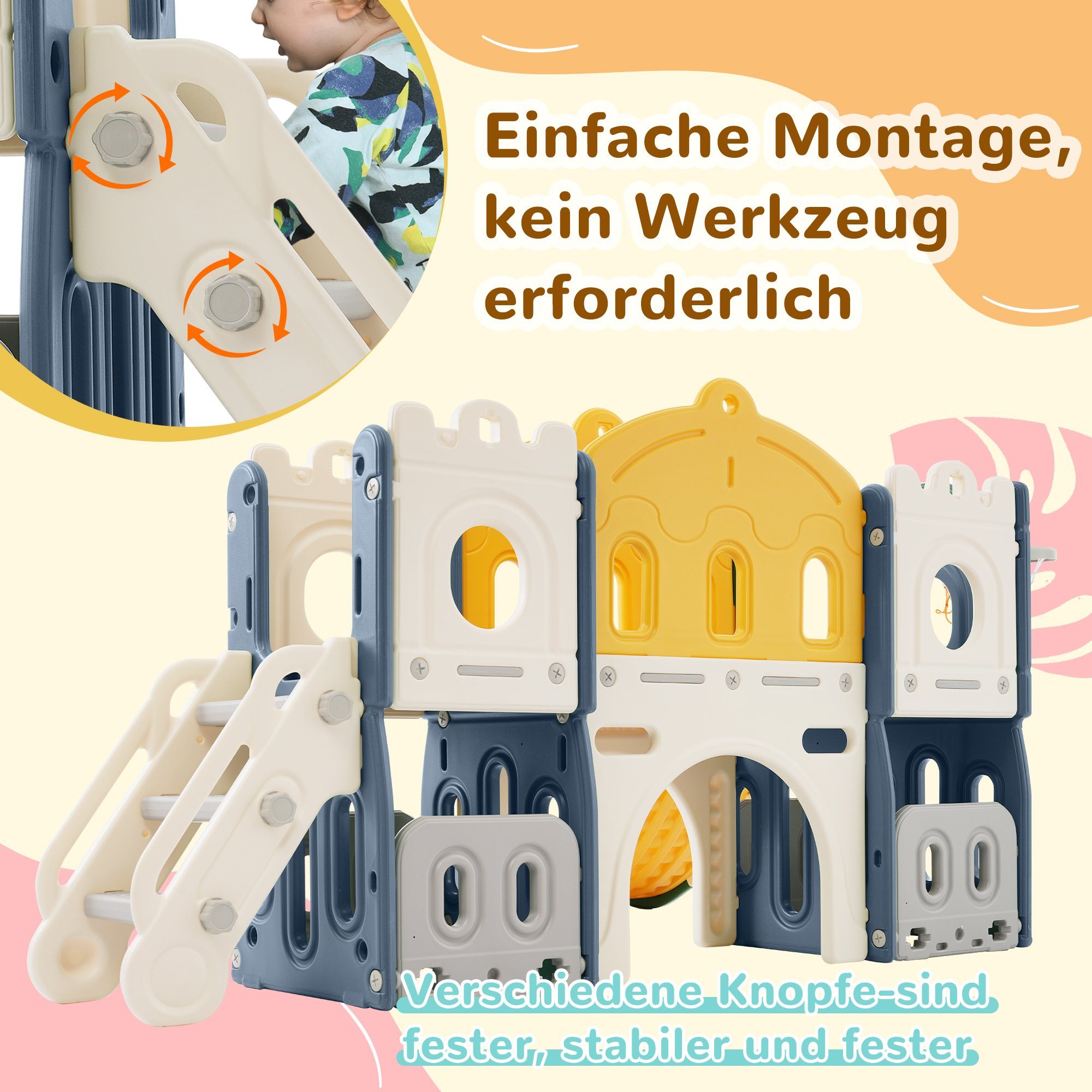 Merax Rutsche für Kinder, 6-in-1 Kinder Spielplatz, Spielrutsche, Spielturm, mit Kletterleiter, Tunnel und Basketballkorb, belastbar bis 360kg