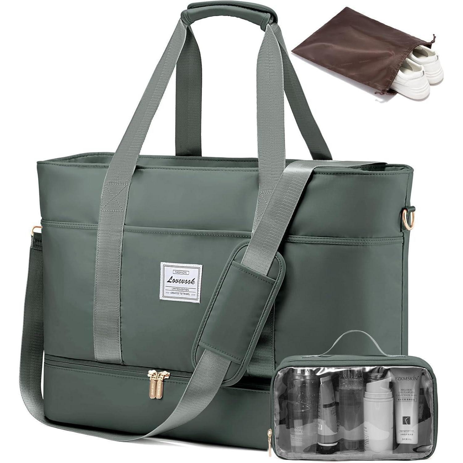 LuxusKollektion Weekender Reisetasche Damen Wasserdicht Weekender Schuhfach 52L Graugrün
