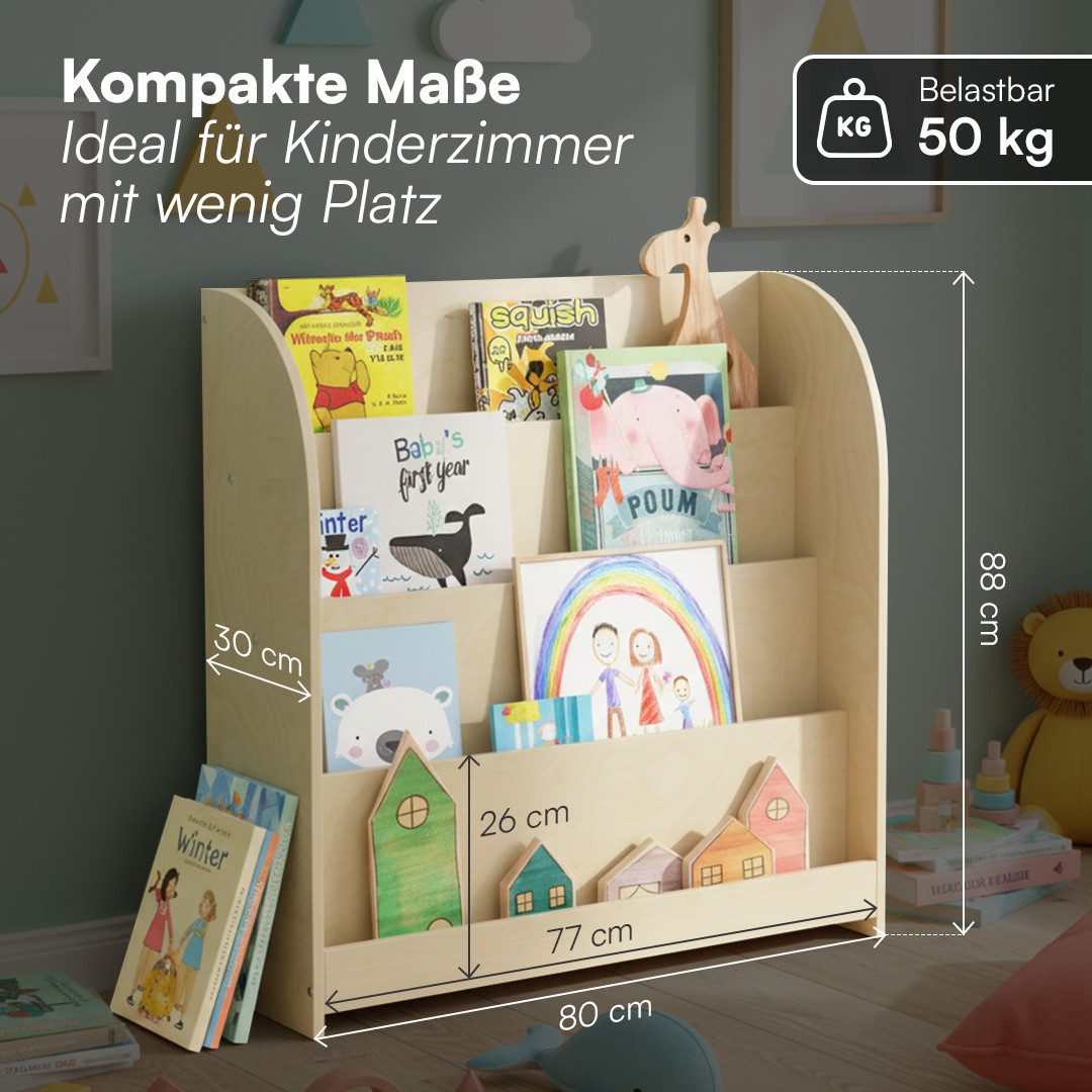 Bellabino Kinderregal Baru mit 4 großzügigen Ablagefächern, natur unbehandelt, Spielzeugregal 88x30x80 cm, Bücherregal Holz, mit 4 breiten Fächern für Bücher & Spielzeug