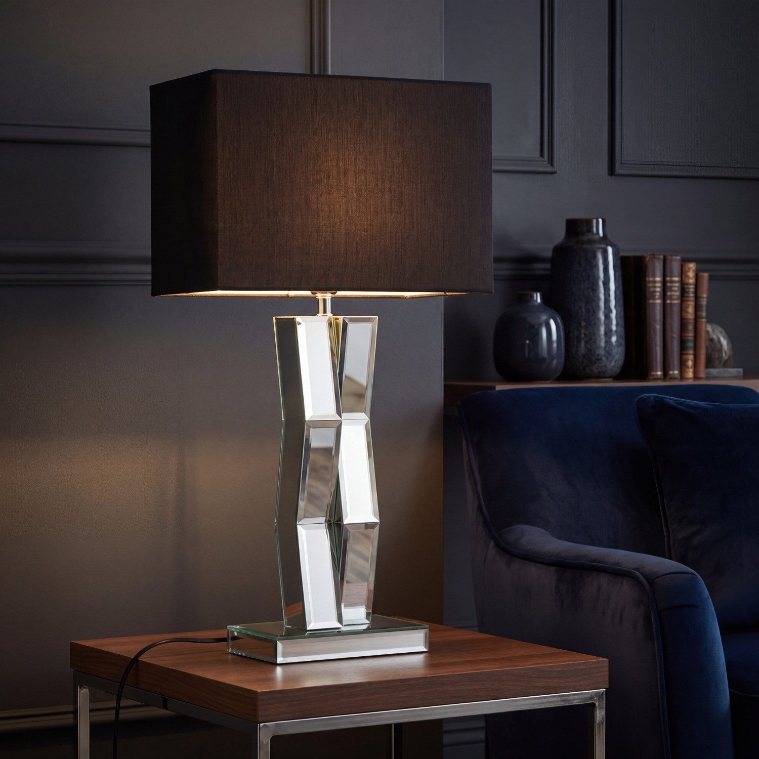 Licht-Erlebnisse Nachttischlampe TABLE, ohne Leuchtmittel, E27 Stoffschirm Spiegelglas blendarm 60 cm Kabelschalter
