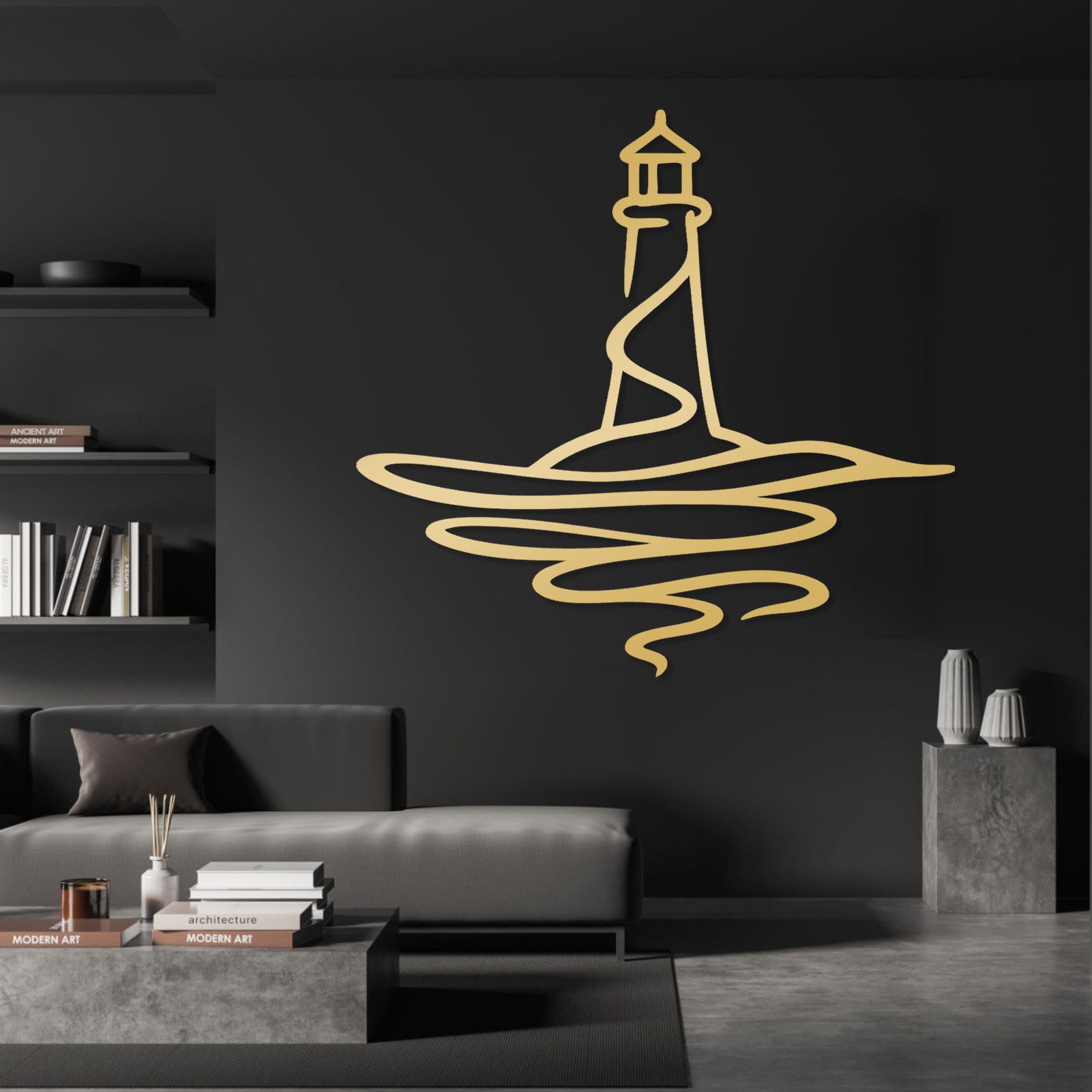 Jumpeak Wanddekoobjekt Leuchtturm-Wanddekoration,Wellenlinien,Maritime Geschenke,Minimalismus, Metall,4 Farbe,2 Maße,Deko im maritimen Stil,Geeignet für Wohn,Wunsch