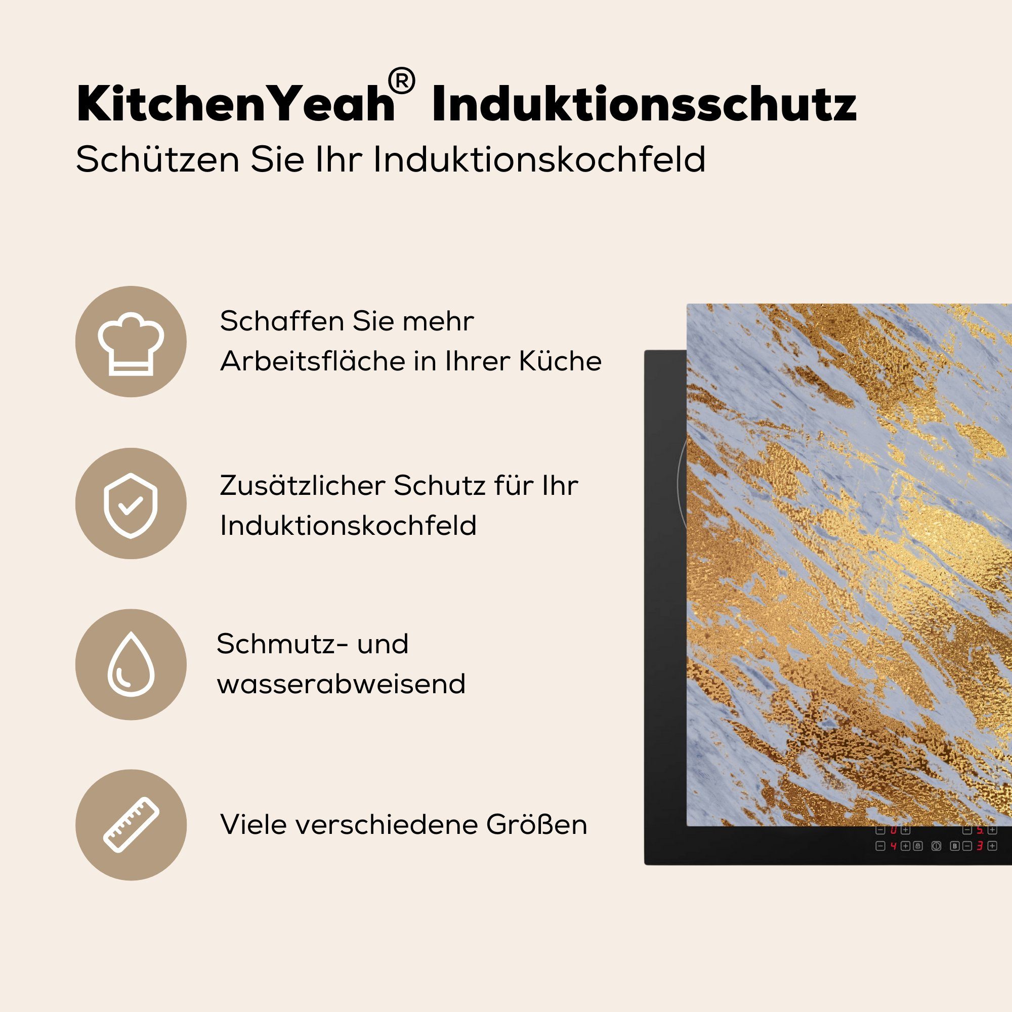MuchoWow Herdblende-/Abdeckplatte Marmor für Gold cm, - (1 - Ceranfeldabdeckung, Vinyl, 78x78 Blau, Arbeitsplatte küche tlg)