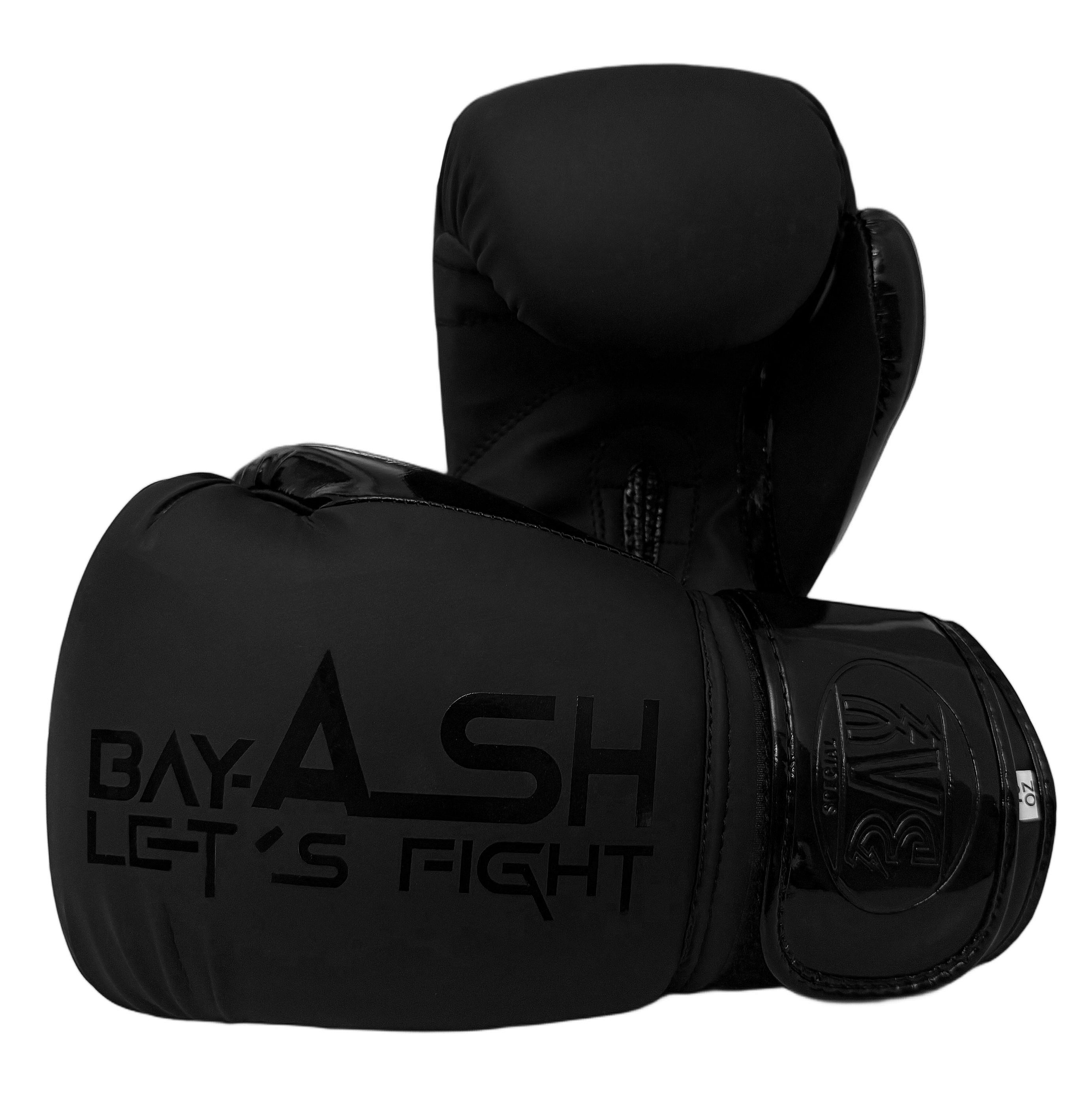 BAY-Sports Boxhandschuhe ASH Black schwarz Box-Handschuhe 8-16 Unzen für Boxen Kickboxen MMA (Paar), Edles Matt-Schwarz Design Hochwertig Robust 8-10-12-14-16 Unzen