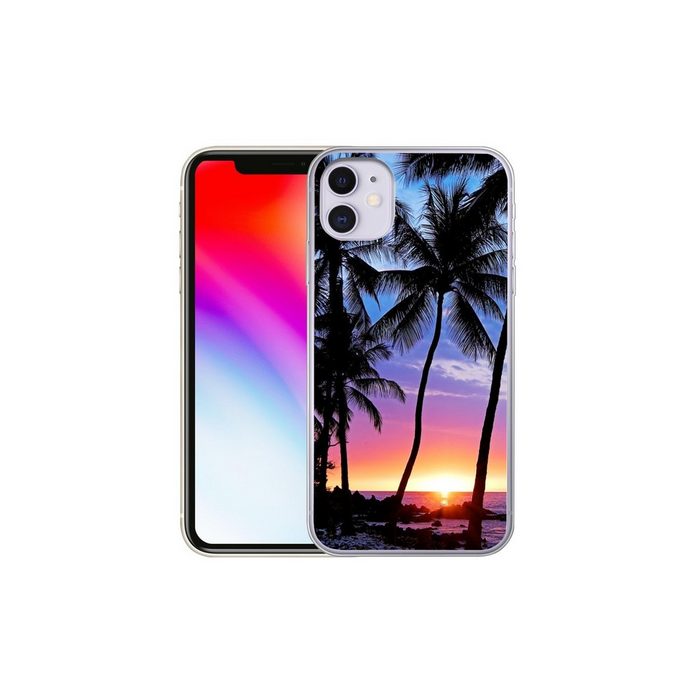 MuchoWow Handyhülle Eine Silhouette von Palmen während eines Sonnenuntergangs auf Hawaii Handyhülle Apple iPhone 11 Smartphone-Bumper Print Handy CQ11016