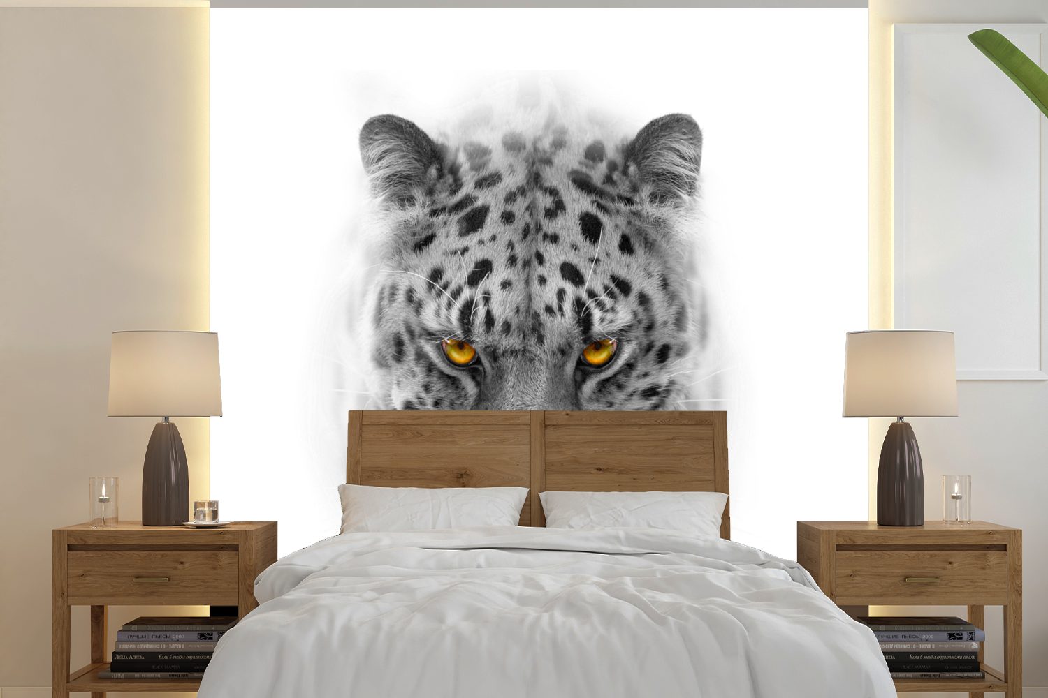 MuchoWow Fototapete Leopard - Schwarz - Weiß - Tiere, Matt, bedruckt, (5 St), Vinyl Tapete für Wohnzimmer oder Schlafzimmer, Wandtapete