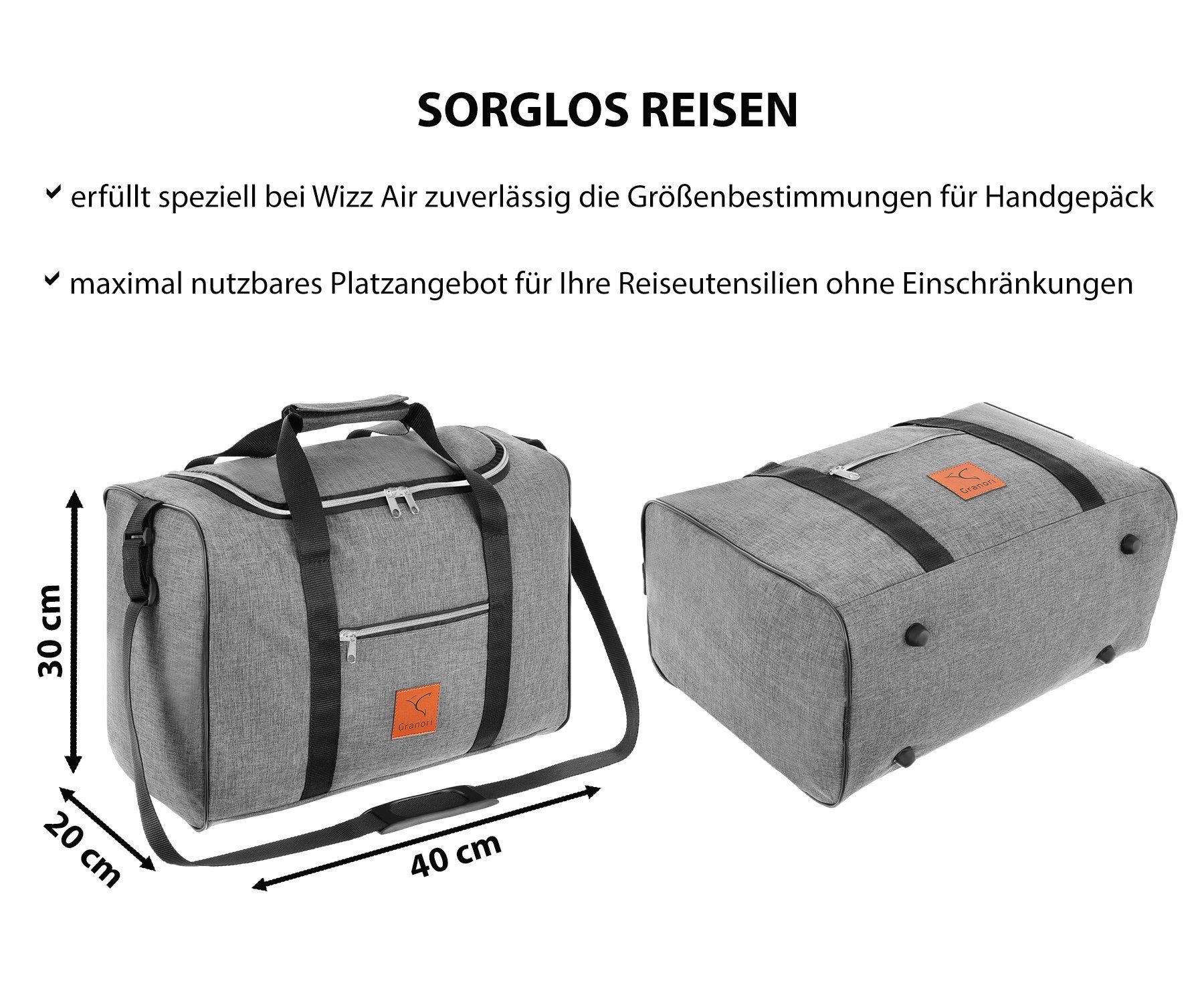 Granori Reisetasche 40x30x20 (Modell extra cm z. WT2), B. mit Handgepäck Grau Wizz Flüge für Fach abschließbarem und Air verstellbarem mit leicht, Schultergurt