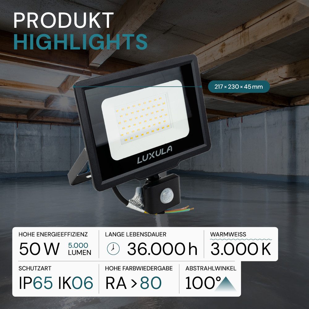 LUXULA LED Flutlichtstrahler LUXULA LED Fluter 50 W 3000 K Warmweiß Schwarz, LED fest integriert, Warmweiß