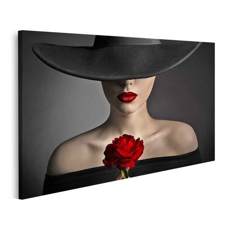 islandburner Leinwandbild Bild auf Leinwand Rote Rose Blume Frau Lippen Schwarzer Hut Mode Model Schönheit Wandbild Poster Kunstdruck Bilder 80x40cm 1-teili