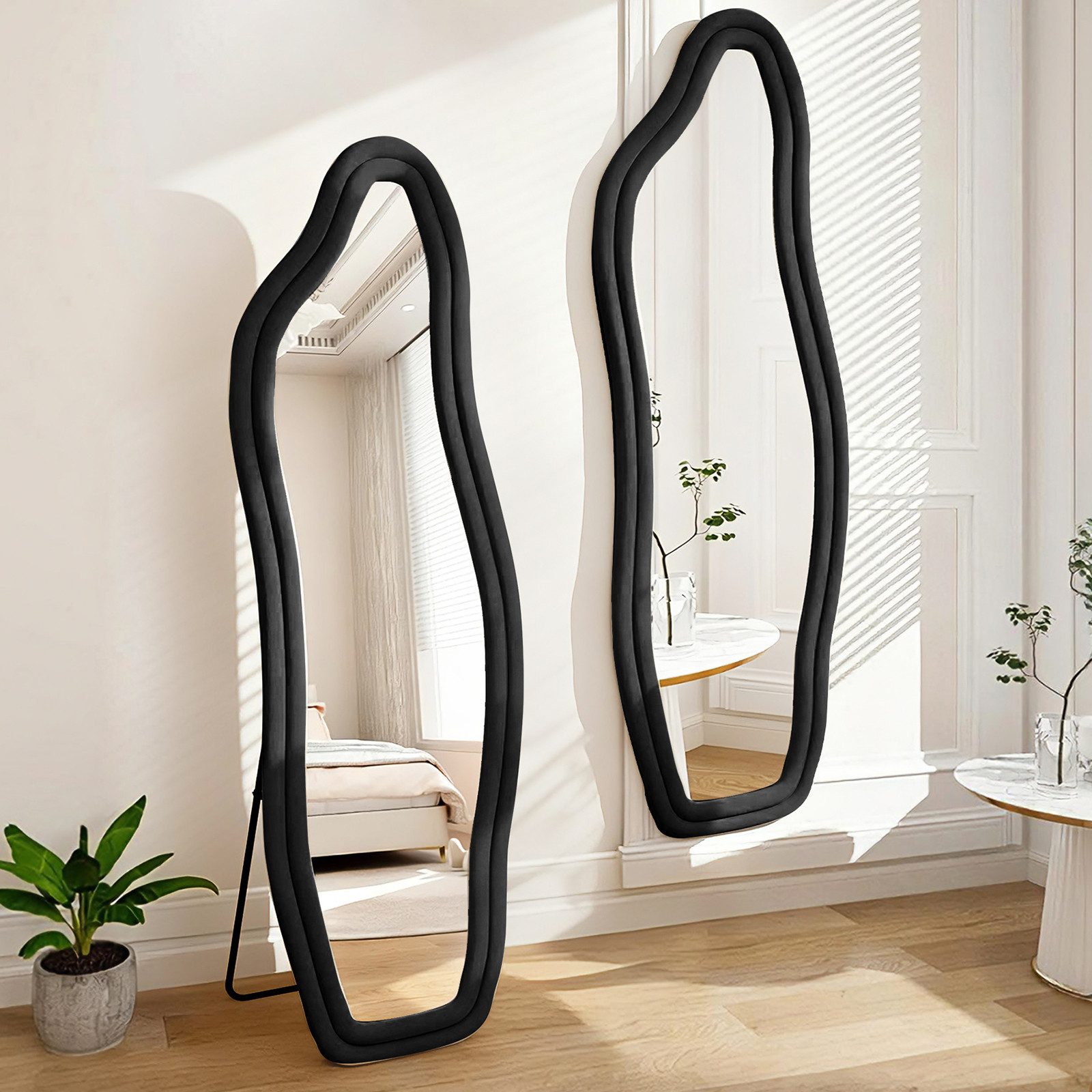 zebery Ganzkörperspiegel Standspiegel Asymmetrisch stehend & hängend (Set, 1-St), Samt Rahmen,Schwarz,140x45cm