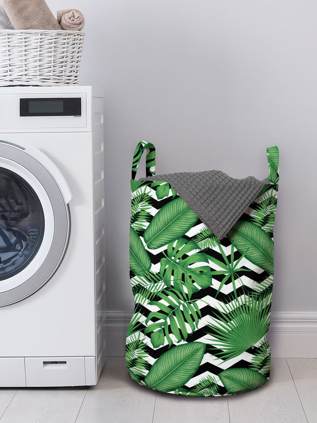 Wäschekorb auf für Waschsalons, Dschungel-Laub Blätter Kordelzugverschluss Abakuhaus Wäschesäckchen mit Griffen Zigzags