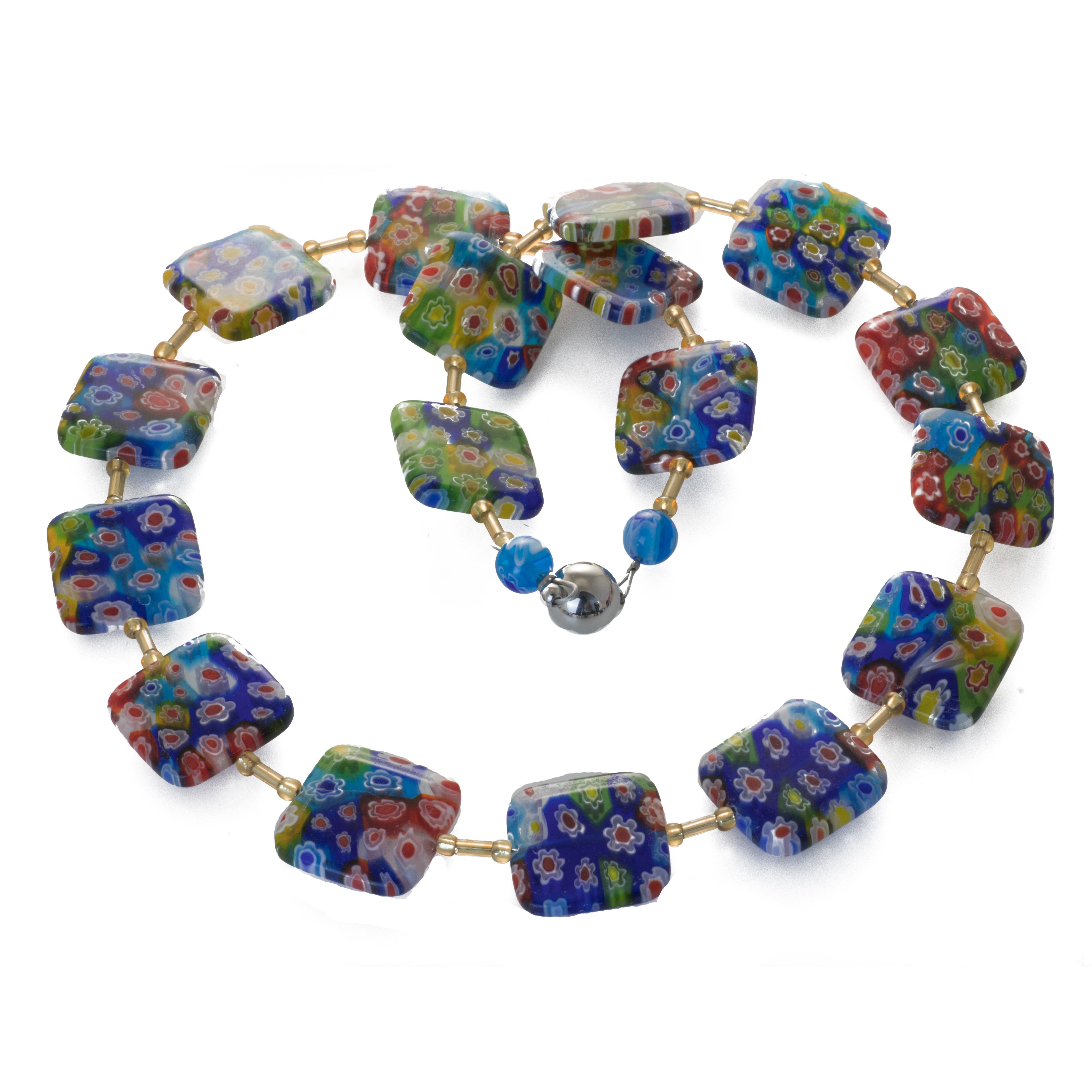 Perlenkette Kette mit Millefiori Glas Perlen Quadrat 2 cm Magnetverschluss