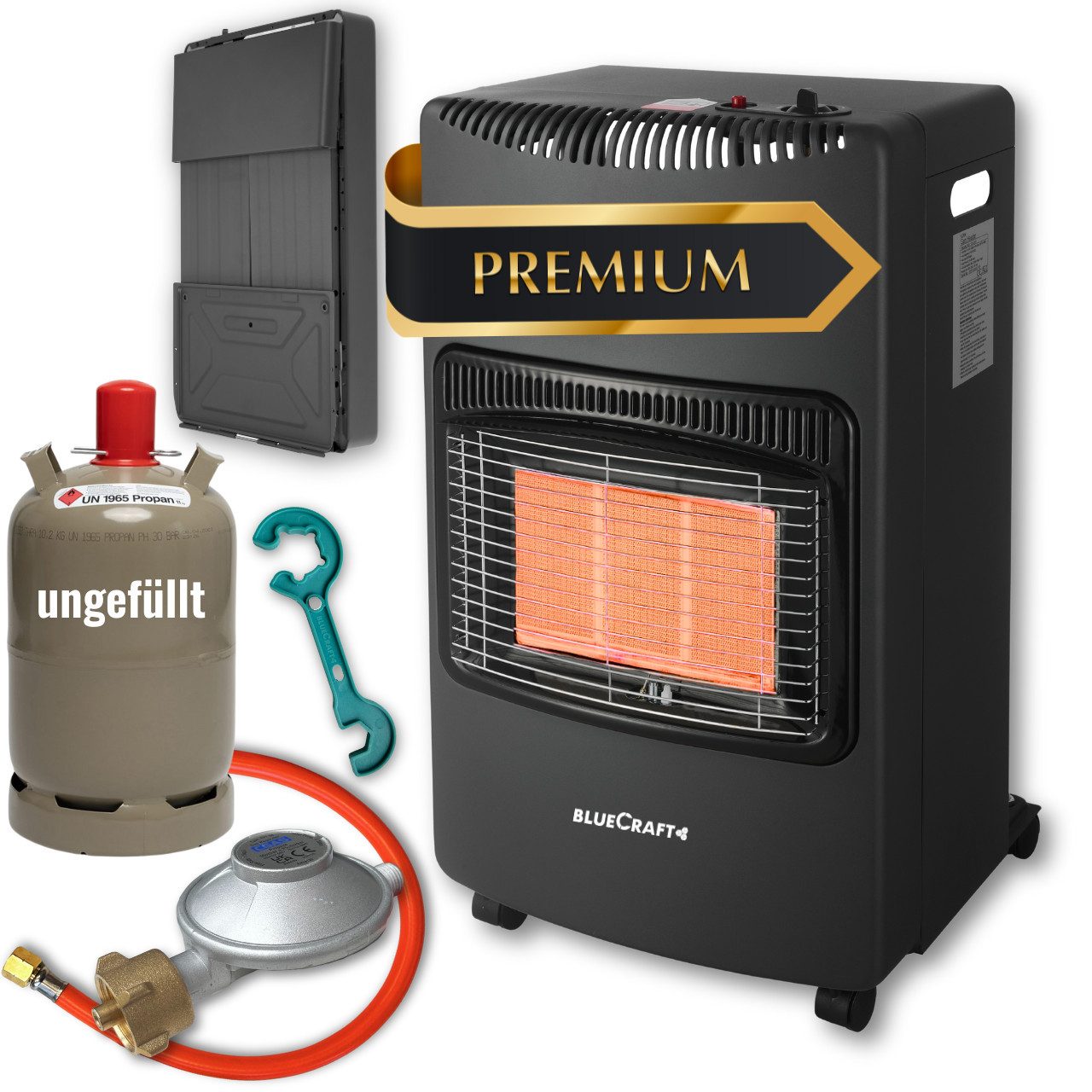 BlueCraft Heizstrahler PREMIUM Gasheizung Gasofen 4200 W Campingheizung Gas-Heizstrahler, 4200 W, 3-Stufen-Regulierung, Kompakt, Mobil, Mit Gasdruckregler + Schlauch
