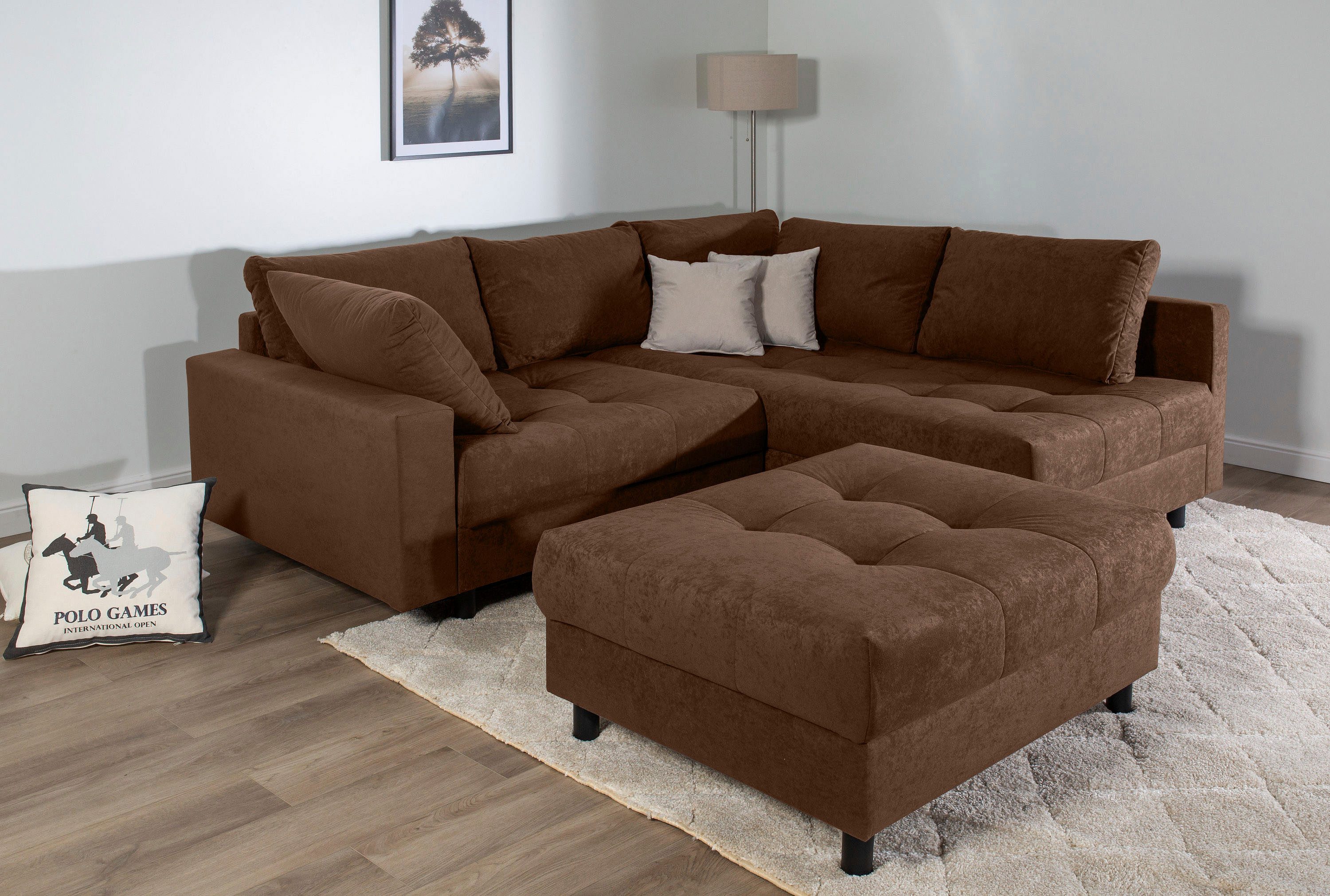 COLLECTION AB Ecksofa Toni L-Form, B: 215 cm, mit Hocker & 2 Zierkissen, Fe günstig online kaufen