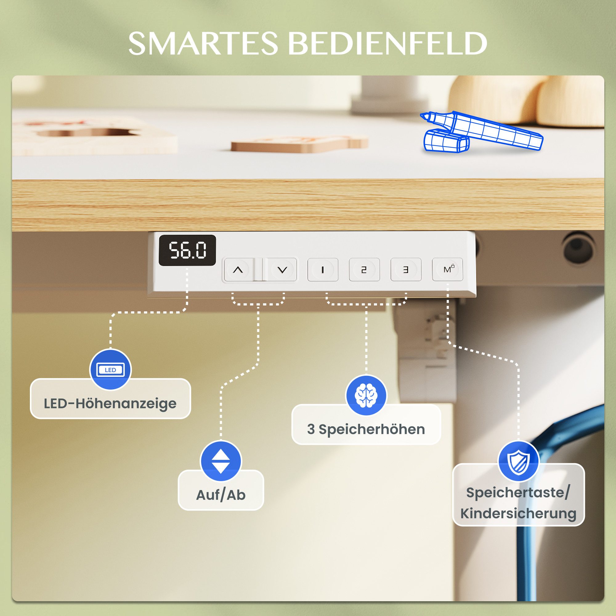 FLEXISPOT Schreibtisch Kinderschreibtisch Höhenverstellbar (3 Speichertasten, Magnetisches Whiteboard, inkl. 3 Whiteboard-Stifte & Tafellöscher), MIT 2xHaken &  – Bild 5 von 5