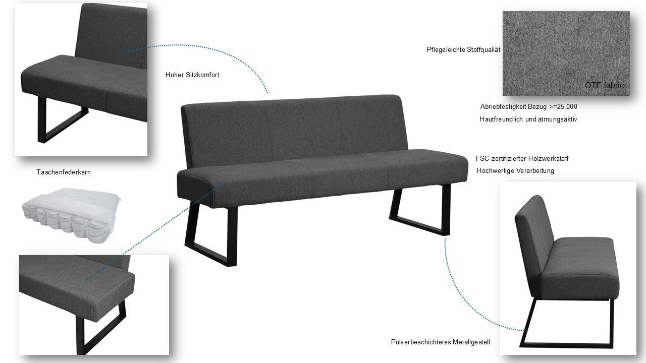OTTO home Polsterbank Gladio, (Esszimmerbank, Sitzbank, Bank), mit Taschenfederkern, schwarzes Metallgestell, Breite 148 cm