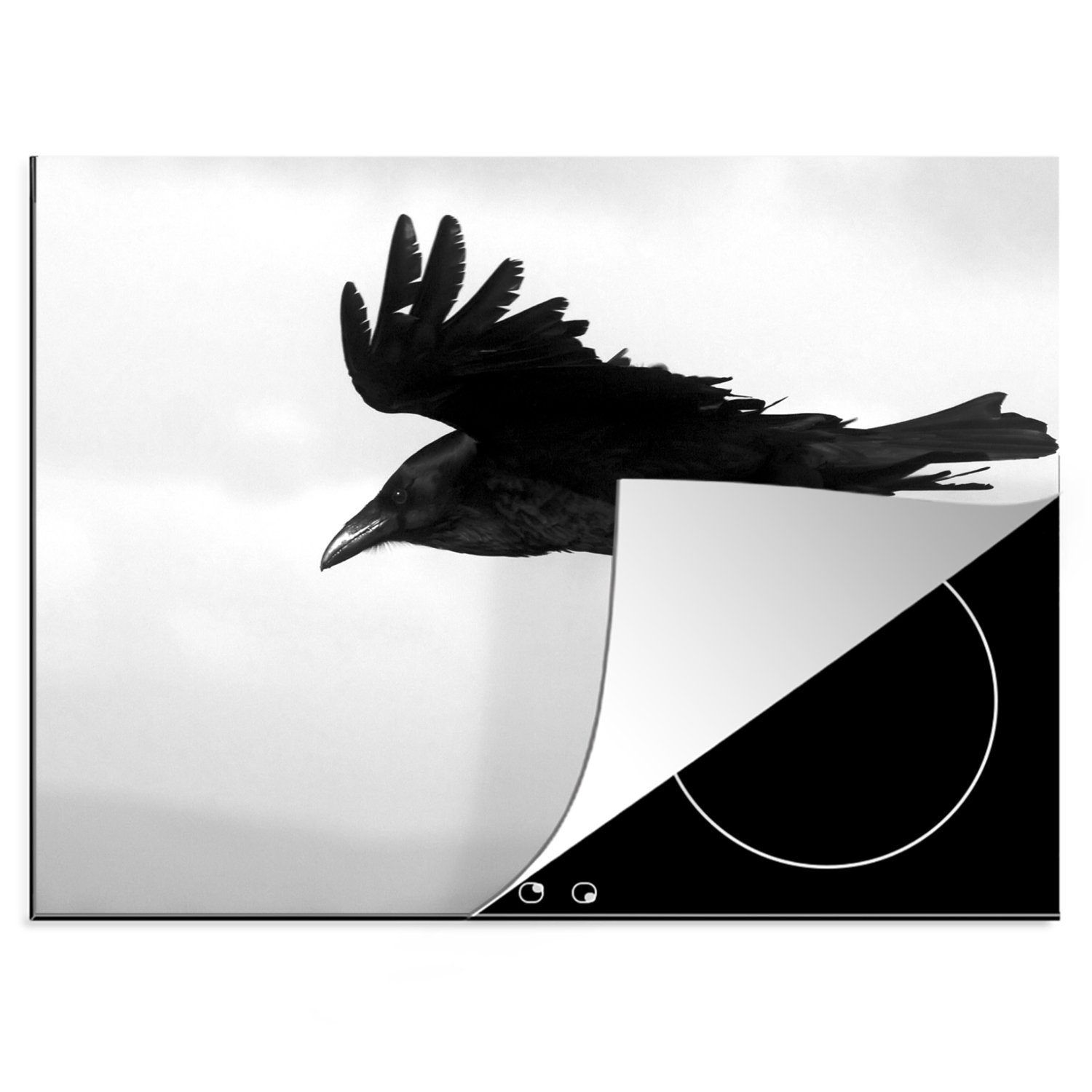 MuchoWow Herdblende-/Abdeckplatte Ein schwarzer Rabe fliegt über den Strand - schwarz und weiß, Vinyl, (1 tlg), 70x52 cm, Mobile Arbeitsfläche nutzbar, Ceranfeldabdeckung