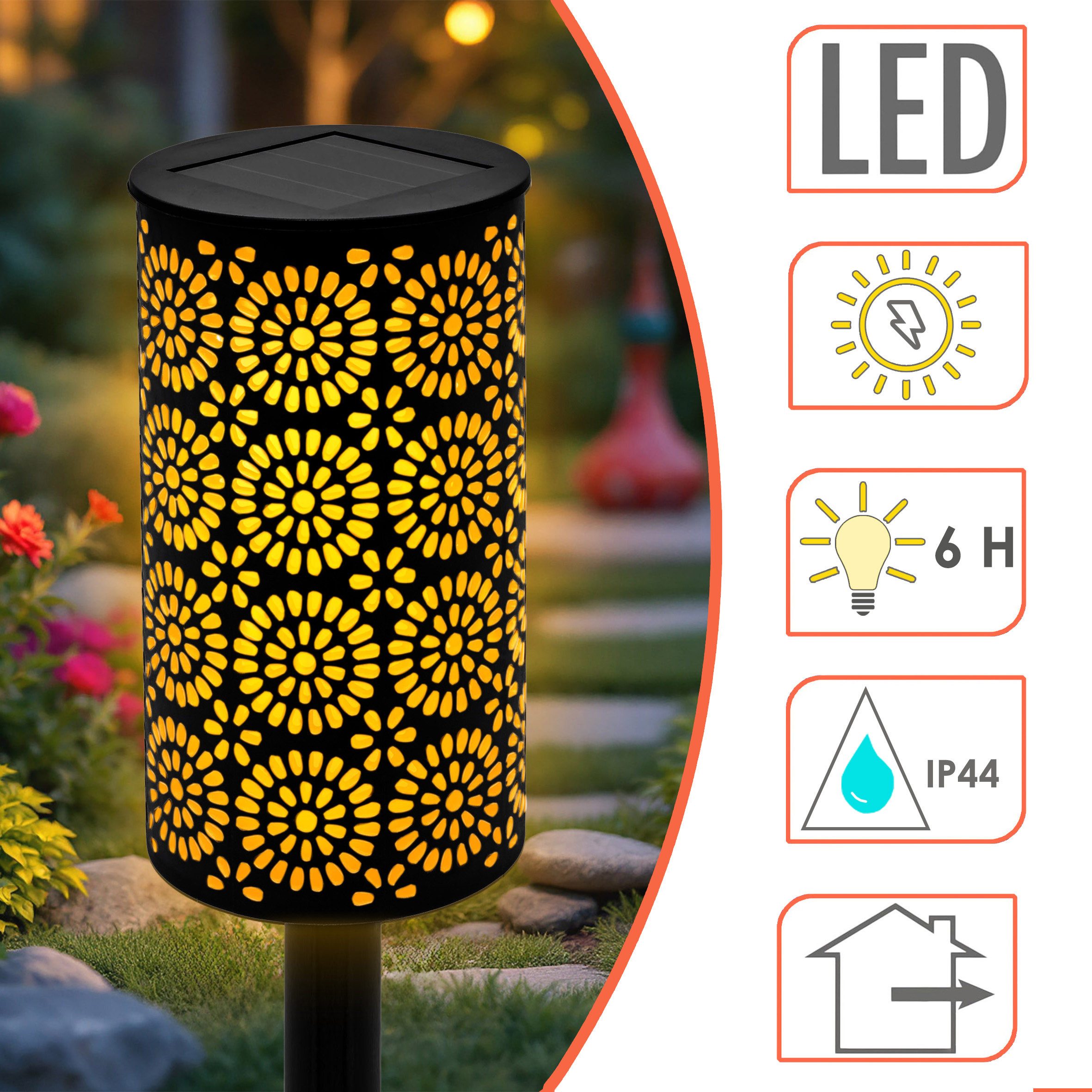 Spetebo LED Gartenfackel mit Blumen Muster 49 x7 cm, Solar betrieben, LED fest integriert, orange, mit realistischem Flammeneffekt