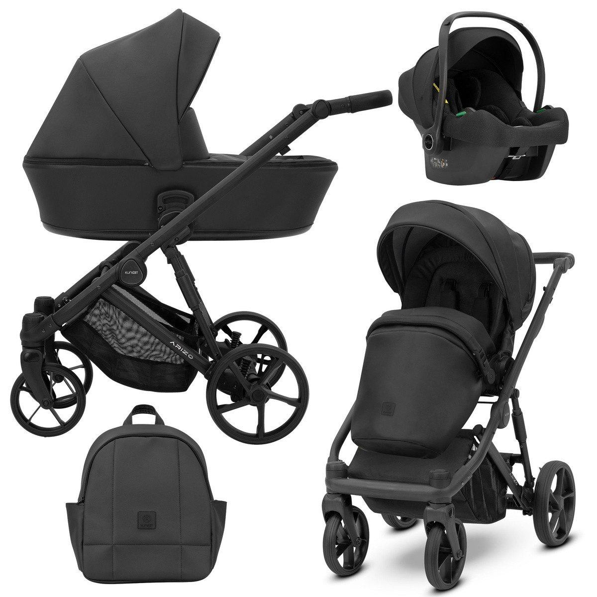 KUNERT Kombi-Kinderwagen ARIZO 3 in1 Öko-Leder Kinderwagen mit schwarzem Gestell inkl. Zubehör, Leichter Aluminiumrahmen, verstellbare Rückenlehne