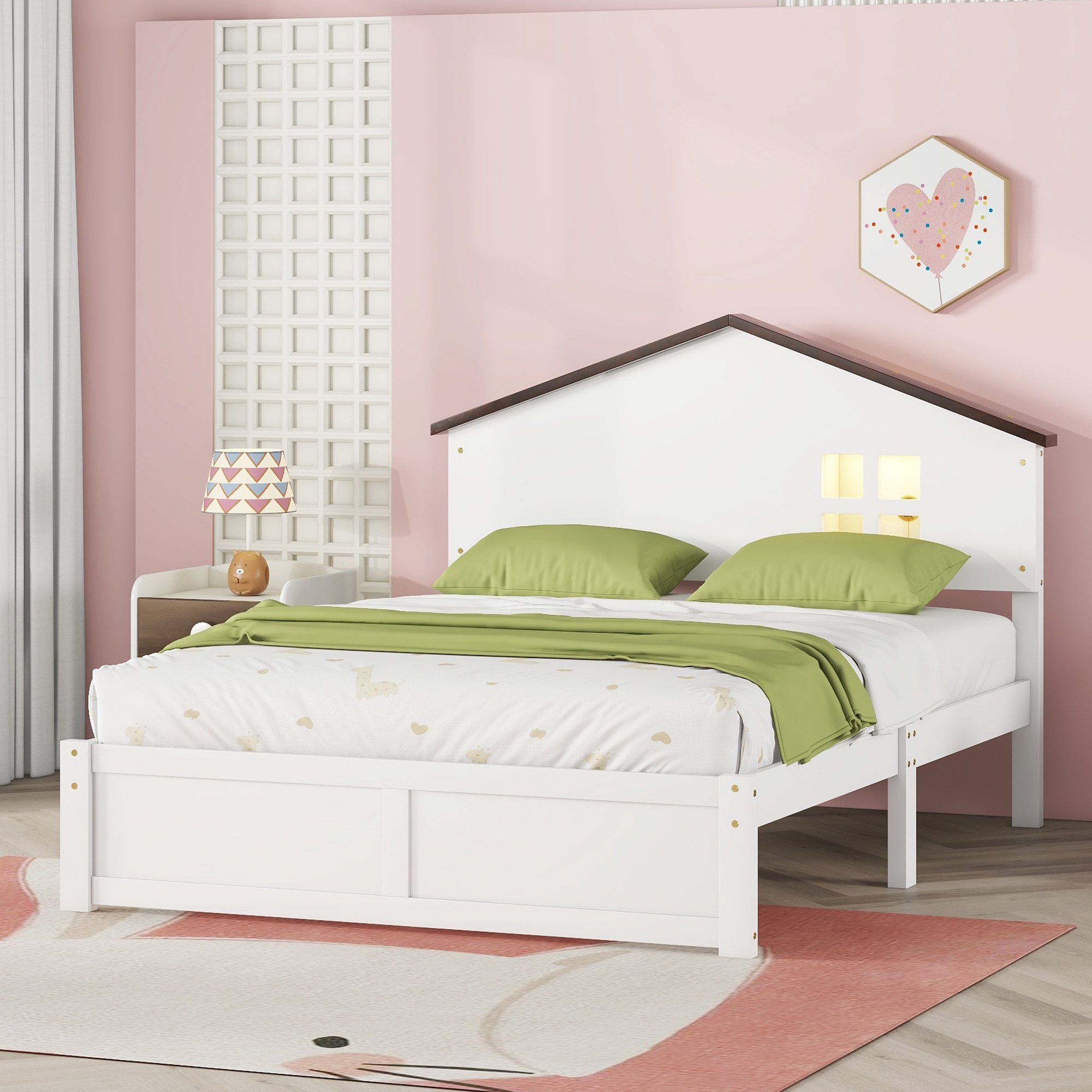 OKWISH Kinderbett hausförmiges, flaches Bett, kleine Fensterdekoration, LED-Nachtlicht (140*200cm), ohne Matratze