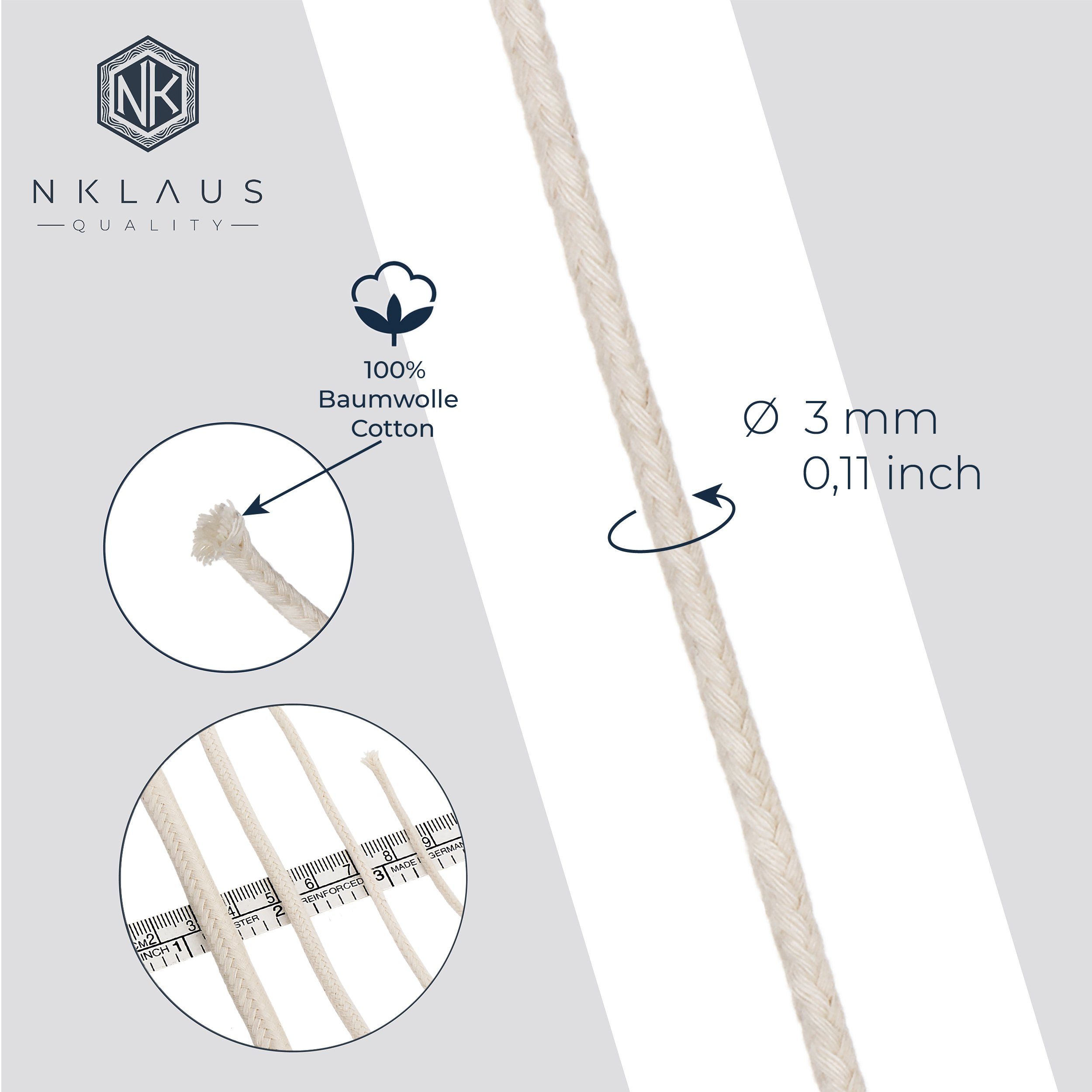 100% meter dünn 3,0mm NKlaus Runddocht Windlicht 5 Baumwolle reine