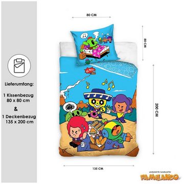 Kinderbettwäsche Brawl Stars Gaming-Bettwäsche 135x200 + 80x80 cm aus 100% Baumwolle, Familando, Renforcé, 2 teilig, mit Charakteren El Primo, Poco, Shelly, Leon, Colt & Spike