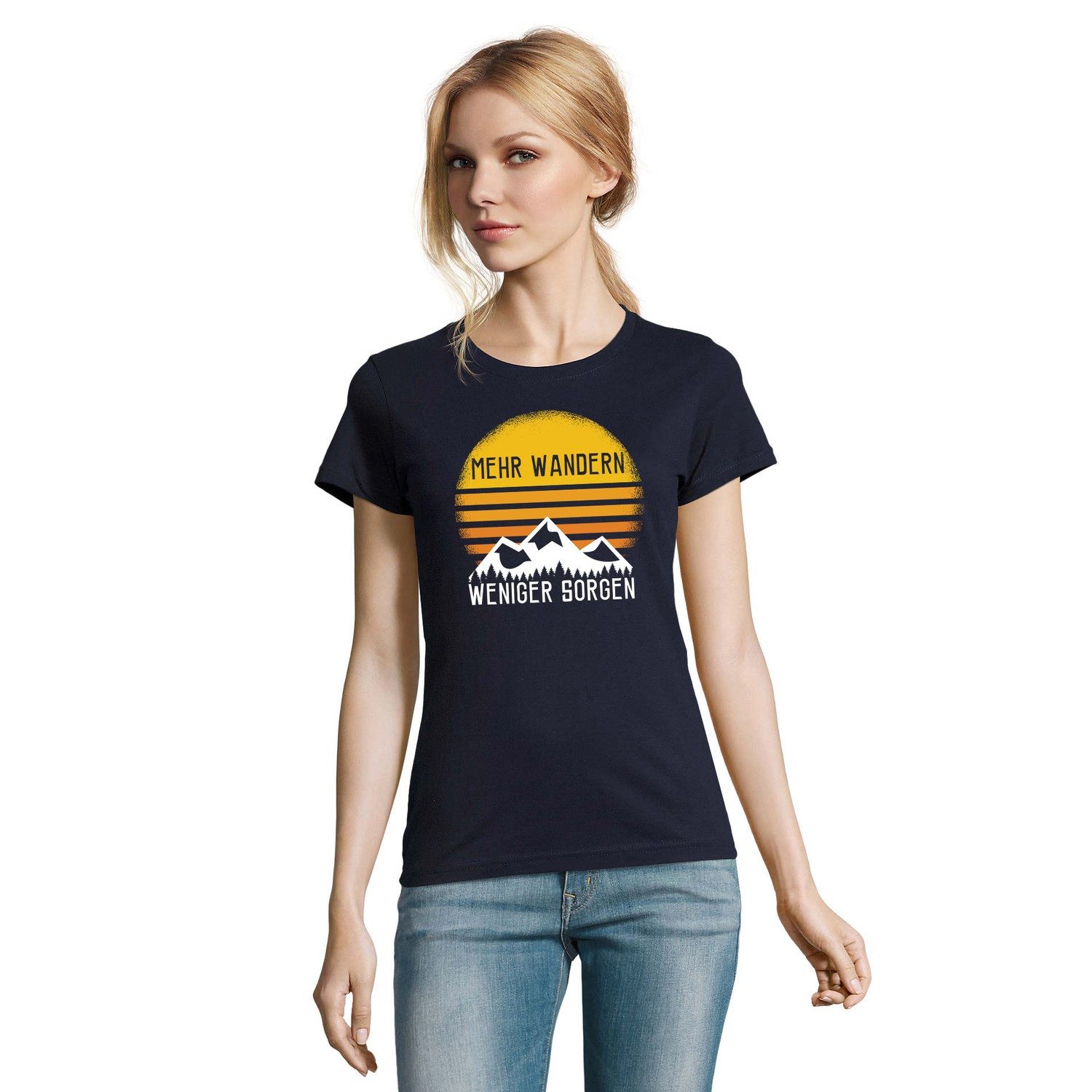 Blondie & Brownie T-Shirt Wandern Sorgen Damen Tee Print Wandern Berge Wald Retro Motiv Natur (Einzelstück, Einzelartikel) WandernSorgen Damen Tee Bergliebe