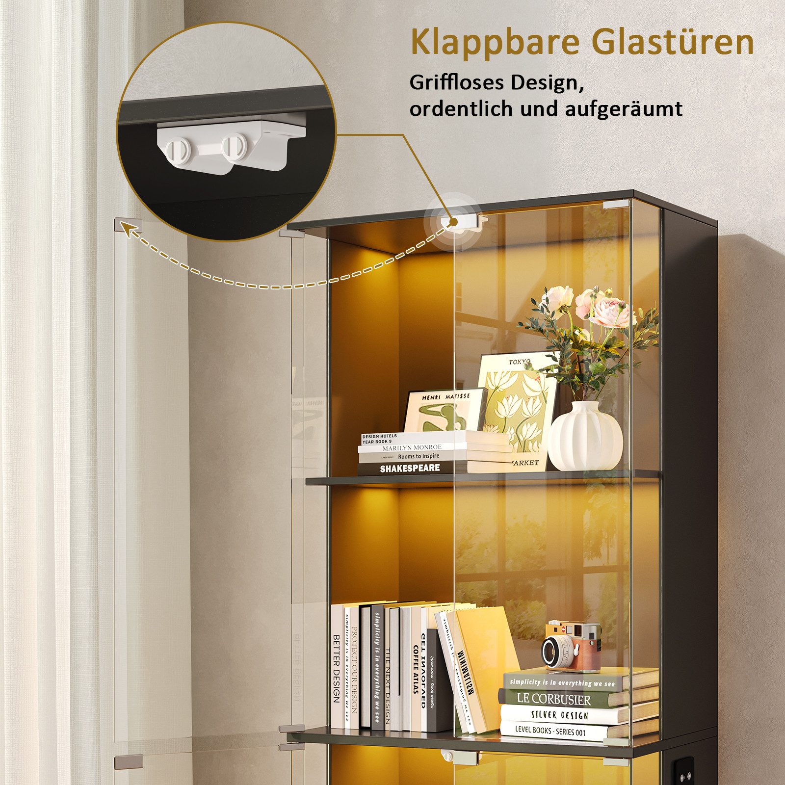 SVEYLXA Vitrine Moderne Vitrine mit LED Beleuchtung, 160 cm Hochschrank mit Glastüren (1-St) 4 Ebenen, Schwarz/Weiß – Bild 4 von 5