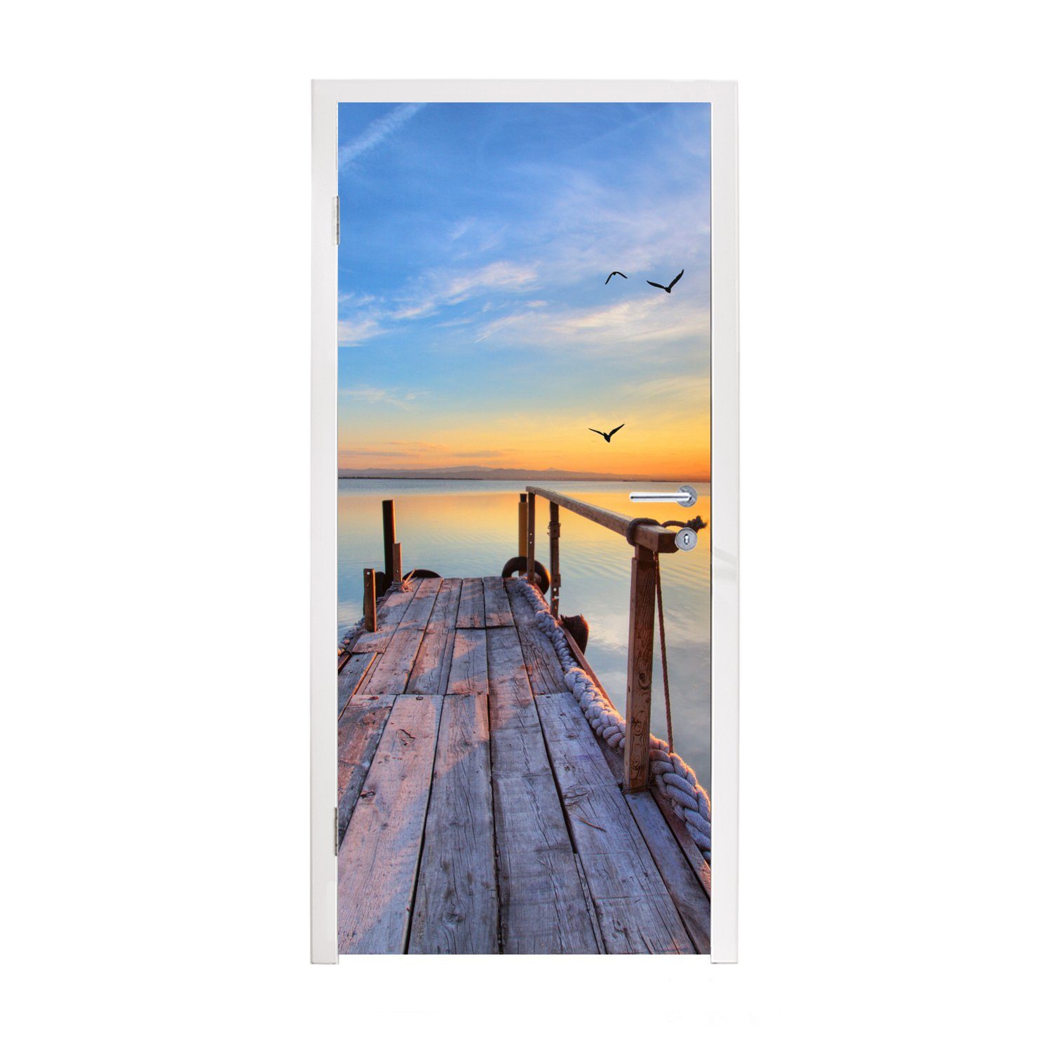 MuchoWow Türtapete Wasser - Steg - Vögel - Sonnenuntergang - Horizont, Matt, bedruckt, (1 St), Selbstklebende Tapete, Folie für Möbel, 75x205 cm