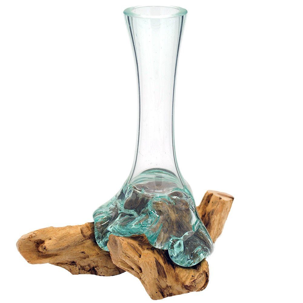 Gedeko Dekovase Holz Deko Wurzelholz mit Glasvase hoch, Glasdeko Vase Glas  auf Holzwurzel, Höhe ca. 25-30 cm groß
