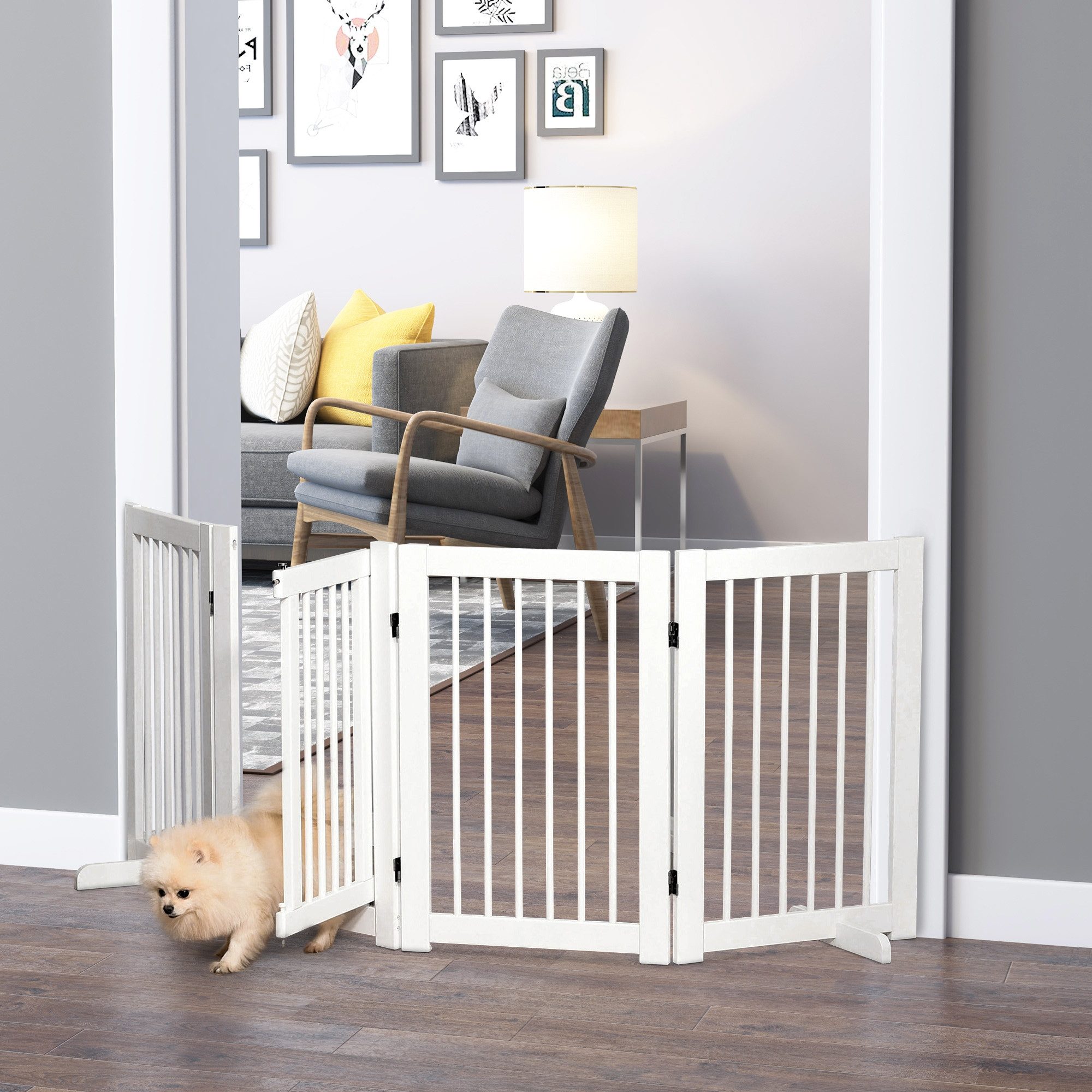 PawHut Hundegitter Hund Freistehendes 220 x 91 cm Holz Treppengitter 4 Paneelen (Schutzgitter, 1 St., Einzelprodukt), Faltbar, rutschfest, robust