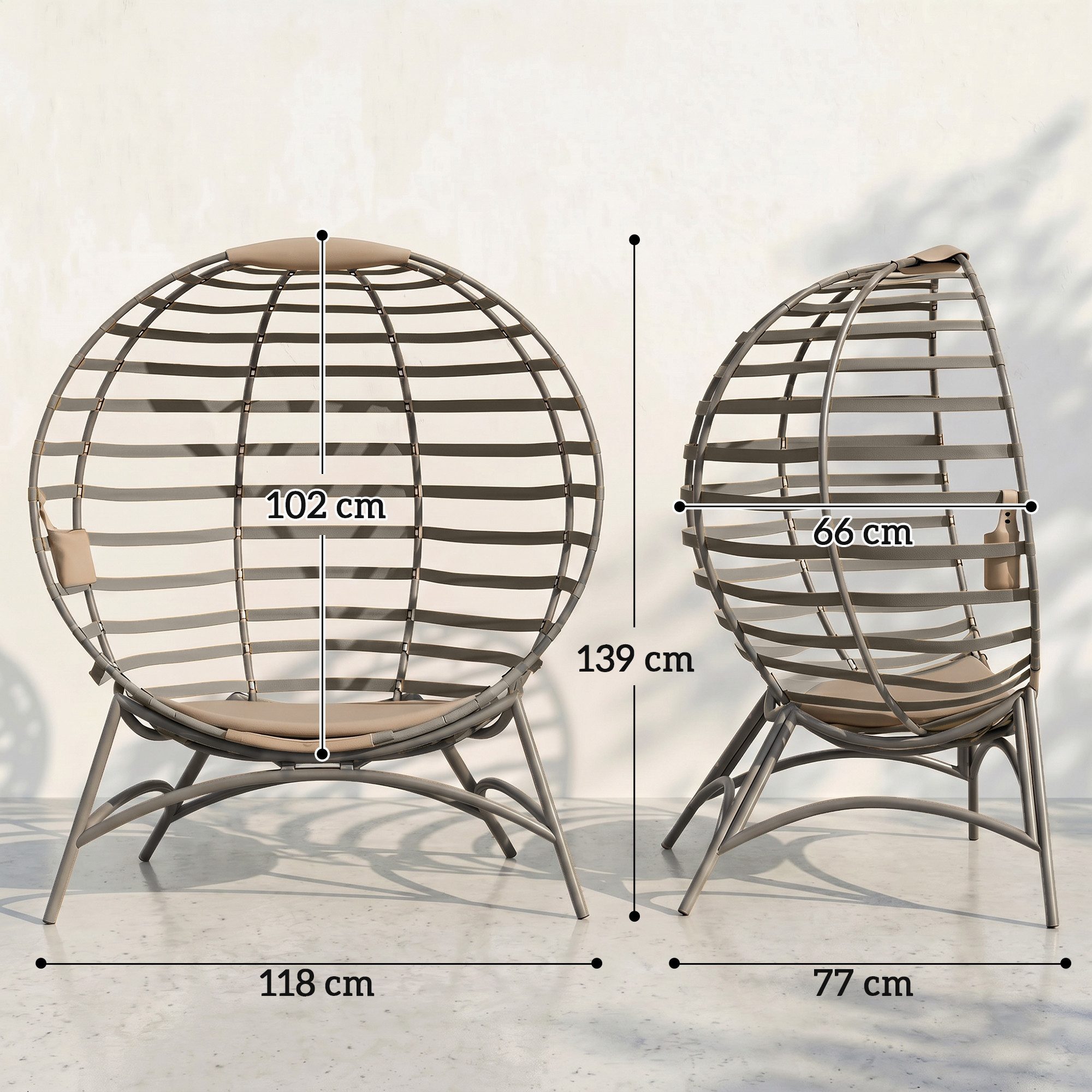 Outsunny Gartenstuhl 2Korb-Stuhl mit Kissen oval Loungesessel (Papasansessel, 1 St), für Garten, Balkon, Sand – Bild 3 von 5