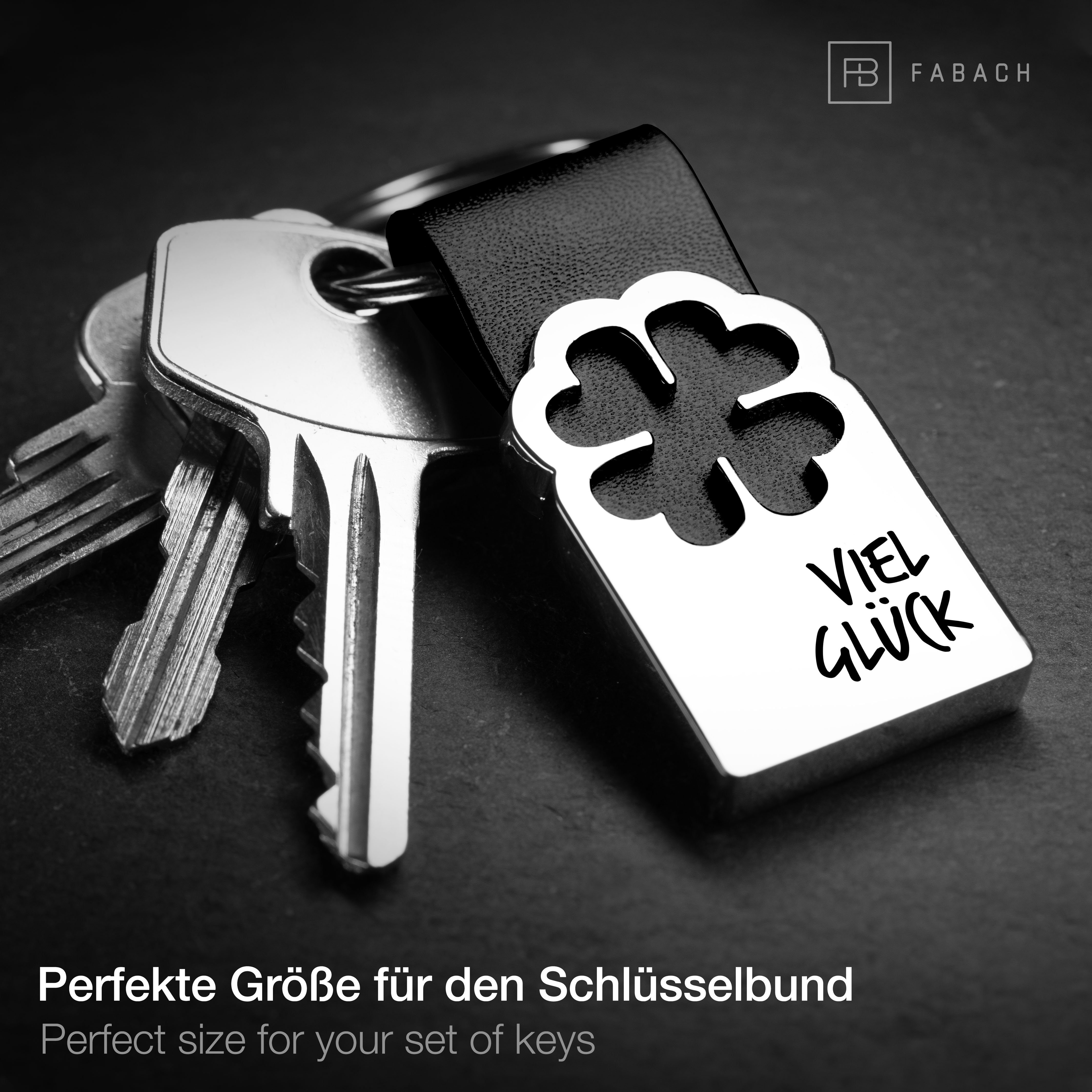 FABACH Schlüsselanhänger Leder mit Kleeblatt und Gravur - Viel Erfolg - Viel Glück Geschenk – Bild 3 von 4
